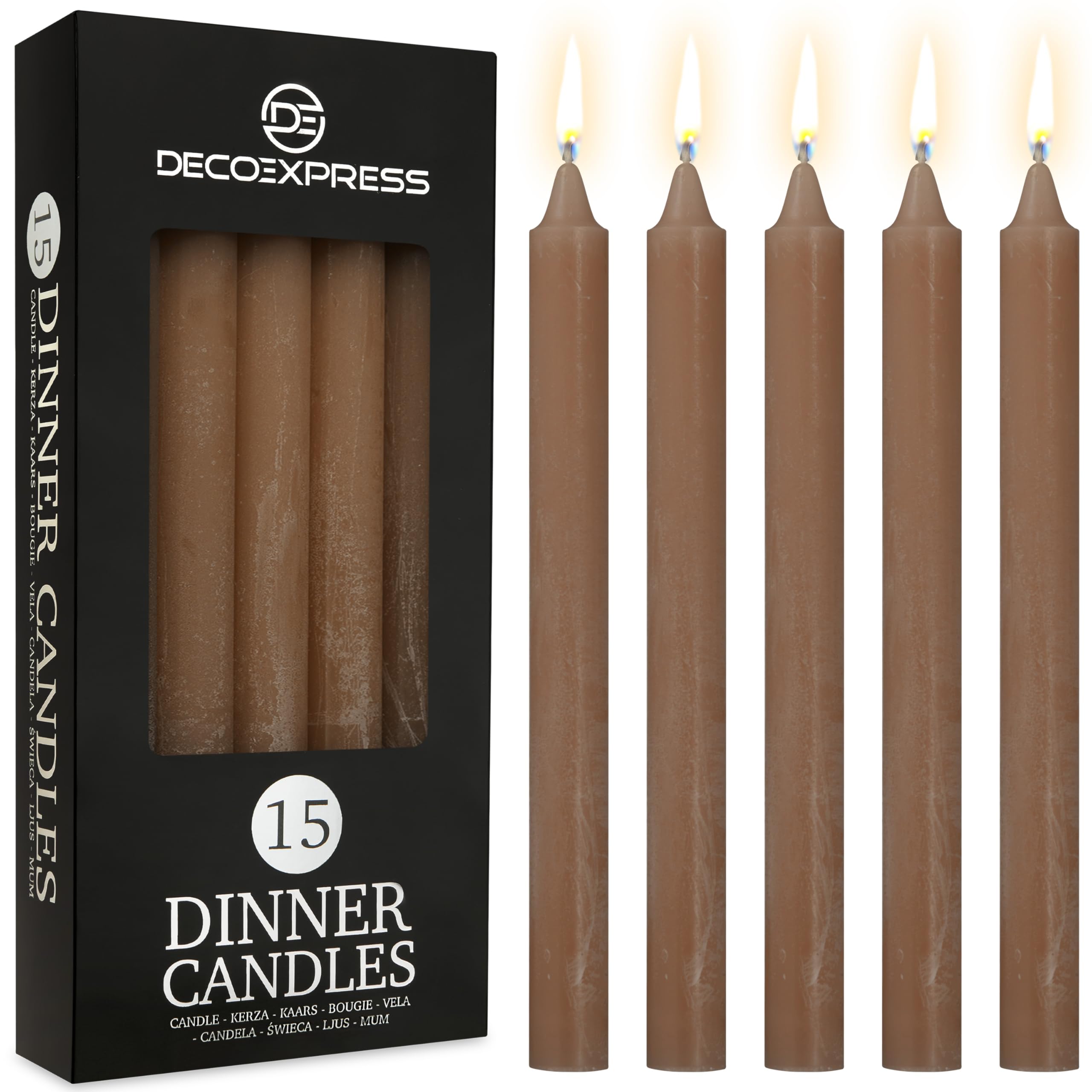 DECO EXPRESS Tapered Candle Set of 15 Classic Dripless Rustic Tapered Unscented 9H Burn Time Decorative Dinner Candles Restaurant Home Christmas (Brown - 15 Pack)