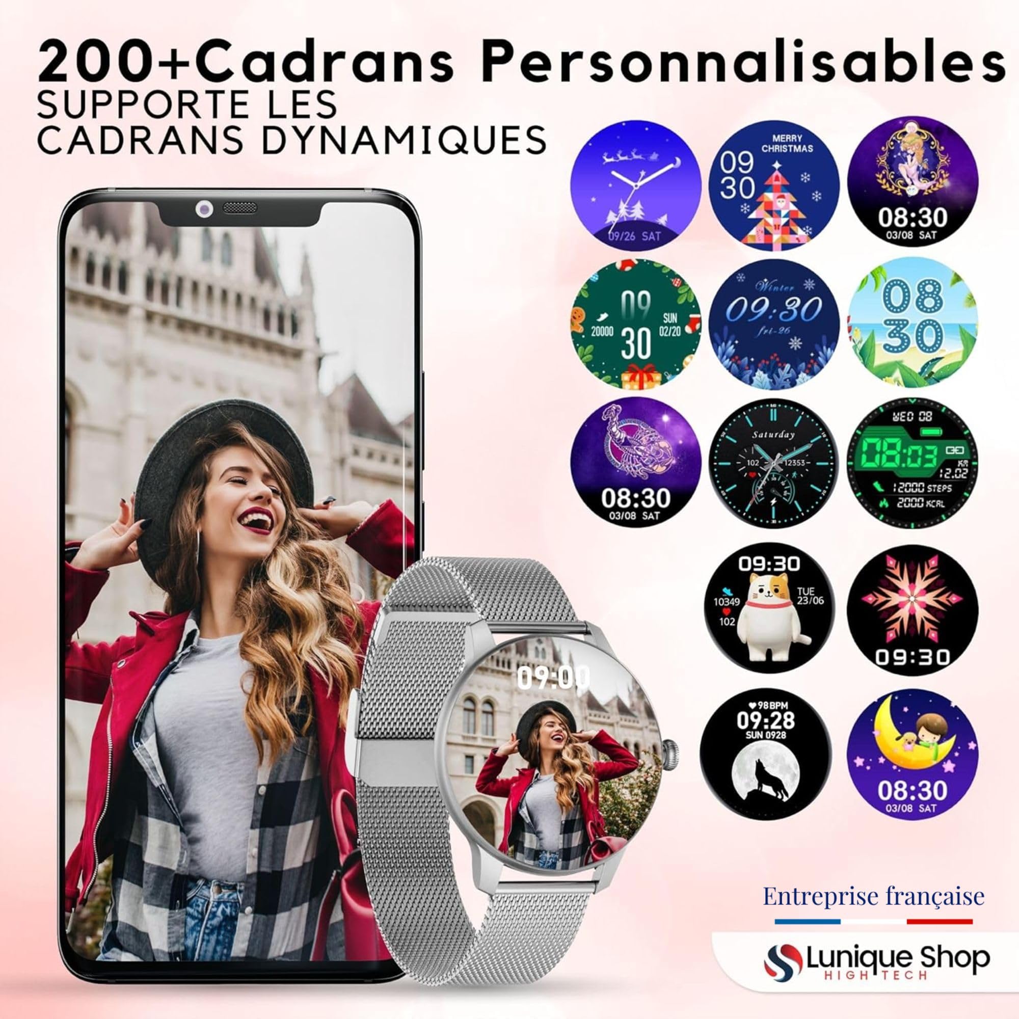 Montre Connectée Femme Repondre Appel 1.7'' Smartwatch Tensiometre Sommeil Fréquence Cardiaque SpO2 Podometre Assistant Vocal Suivi Poids 2 Bracelets Cadeau LSCALL iOS Android Strava