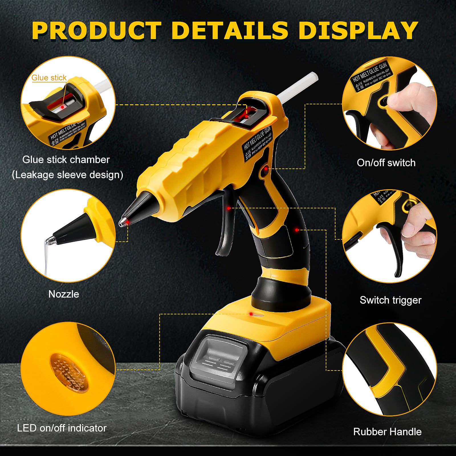 Pistola per colla a caldo senza fili per Dewalt, adatta per batteria agli ioni di litio Dewalt 18/20 V max, 30 secondi di preriscaldamento rapido, pistola per colla a caldo a grandezza naturale, con