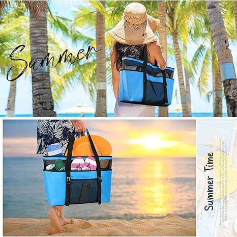 RAINSMORE Mesh strandtas, XXL, familie, met ritssluiting, grote badtas, shopper, dames, waterdicht, strandtas voor strand, zwembad, fitnessstudio, reizen, zwart