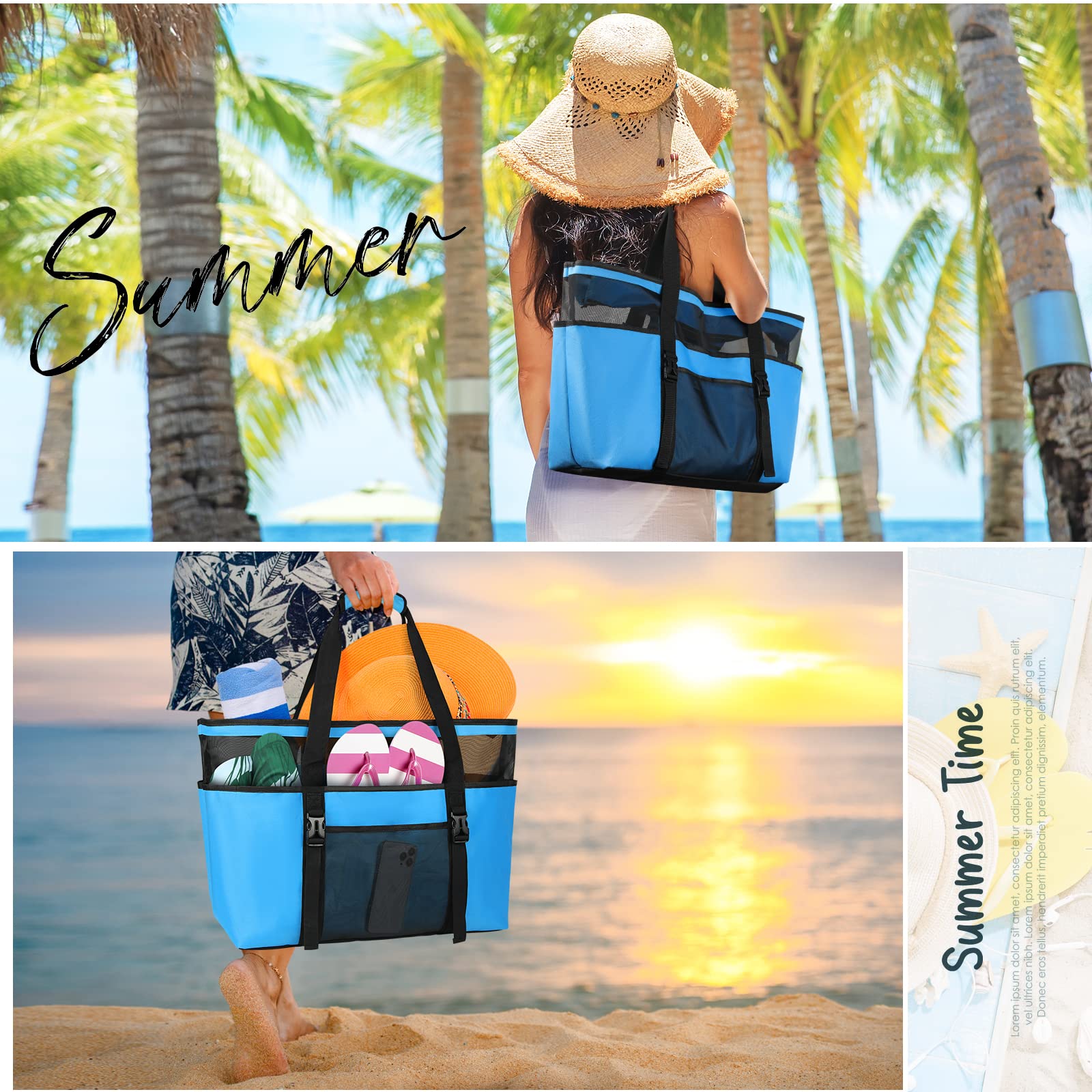 RAINSMORE Grand Sac de Plage Femme XXL en Maille avec Fermeture Éclair Tout de Plage Pliable Anti-Sable Imperméable Sac Cabas Plusieurs Poches de Rangement pour Plage Voyages Gym Piscine Bleu