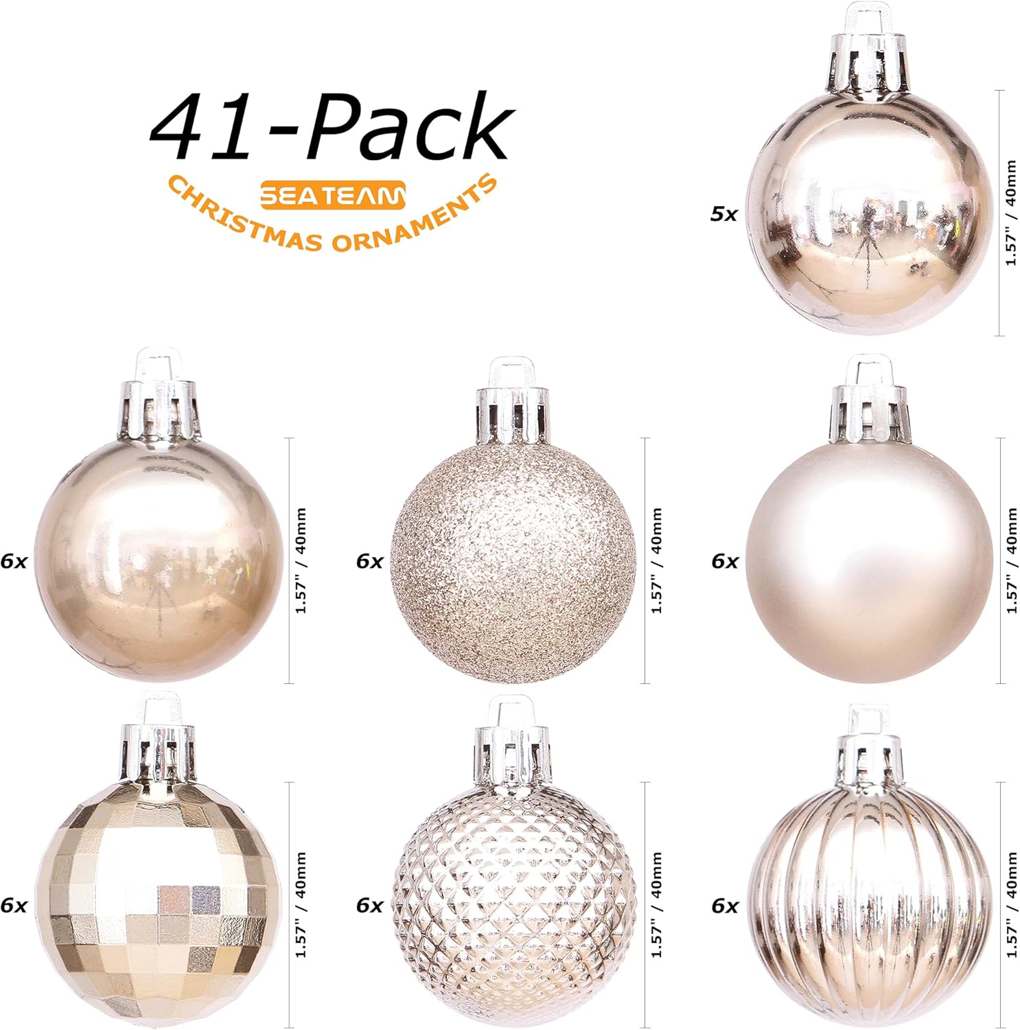 Sea Team 41-Pack Christmas Ball Ornaments with Strings, 40mm/1.57-Inch Small Size Baubles, Shatterproof Plastic Christmas Bulbs, Hanging Decorations for Xmas Tree, Holiday, Wedding, Party, Champagne
