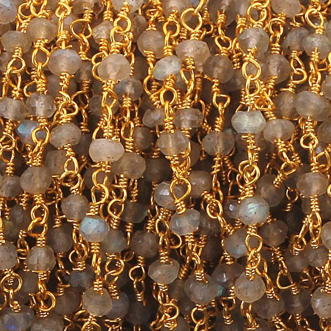 NOVEMBER SALE 10 FEETS Labradorite Rosary Style Beaded Chain - Labradorite Beads wire wrapped 24k Gold Plated chain per foot