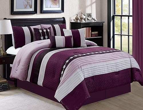 Juego de edredón de lujo de 7 piezas (morado, Queen)