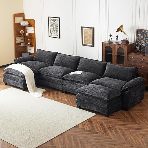 Vista 23 de VINGLI Silla Individual Mediana Negra en Nube con Otomana Chenille Negro