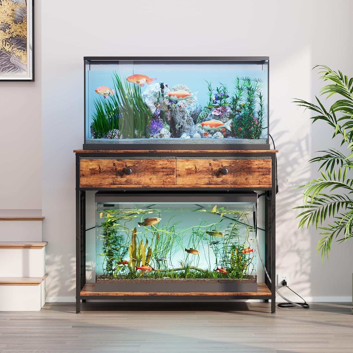 VOWNER 40 Gallon Aquarium Stand with Power Outlet, Metal Frame Fish Tank Stand with Cabinet Storage, Double Turtle Reptile Terrariums Tank Stand, 39.4" L*18.9" W Tabletop, 660LBS Capacity, Brown