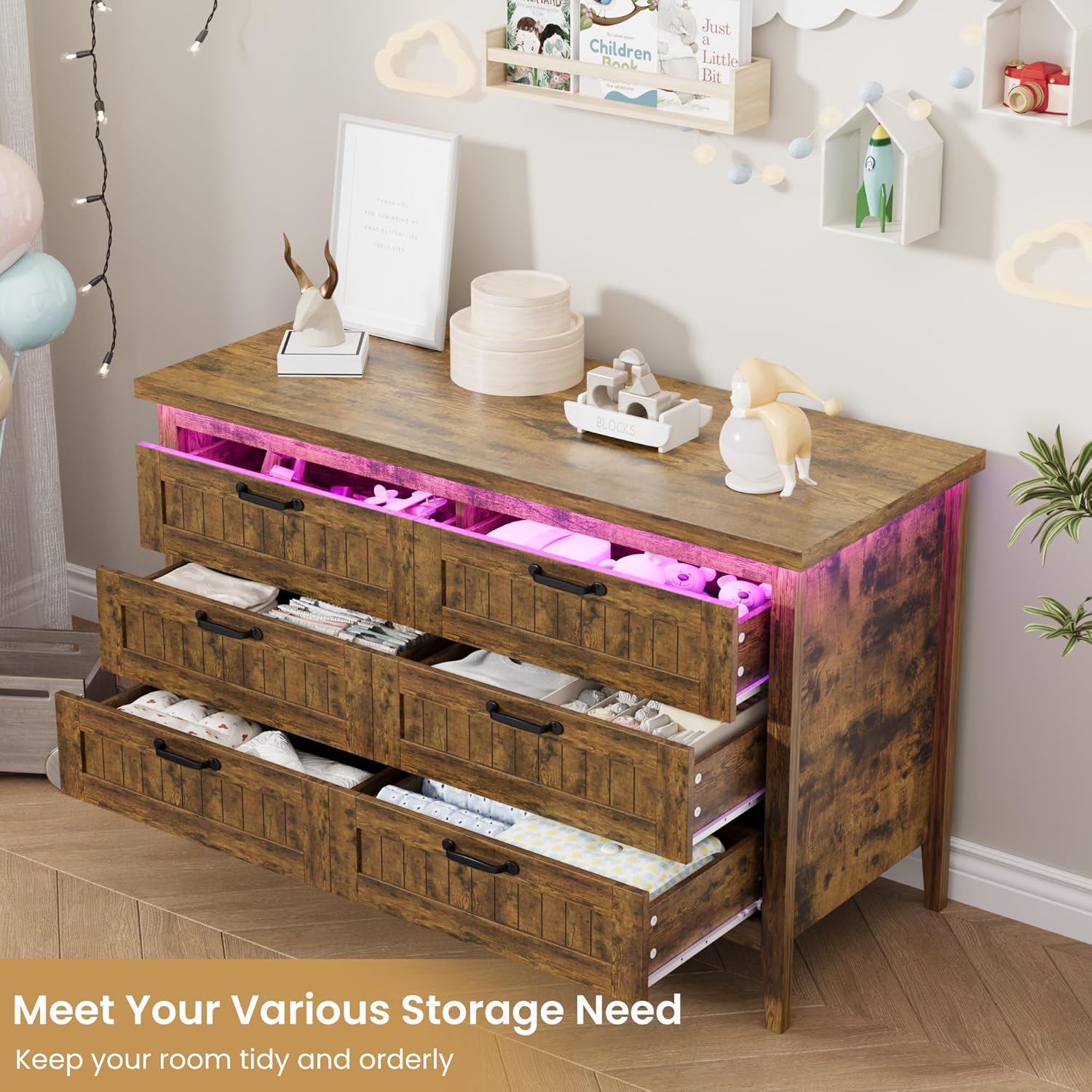 IDEALHOUSE 6 Drawer Dresser with Power Outlet, Rustic Brown Dresser with LED Light, Modern Chest of Drawers for Closet, Double Wide Drawer Organizer Cabinet for Bedroom, Living Room