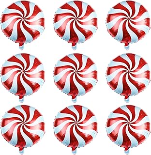 Christmas Foil Balloons, 9 Pieces 18 Inch Red Christmas Candy Round Swirl Mylar Foil Balloons with Ribbon, Large Xmas Candy Helium Balloons for New Year Holiday Candy Theme Birthday Party Decorations