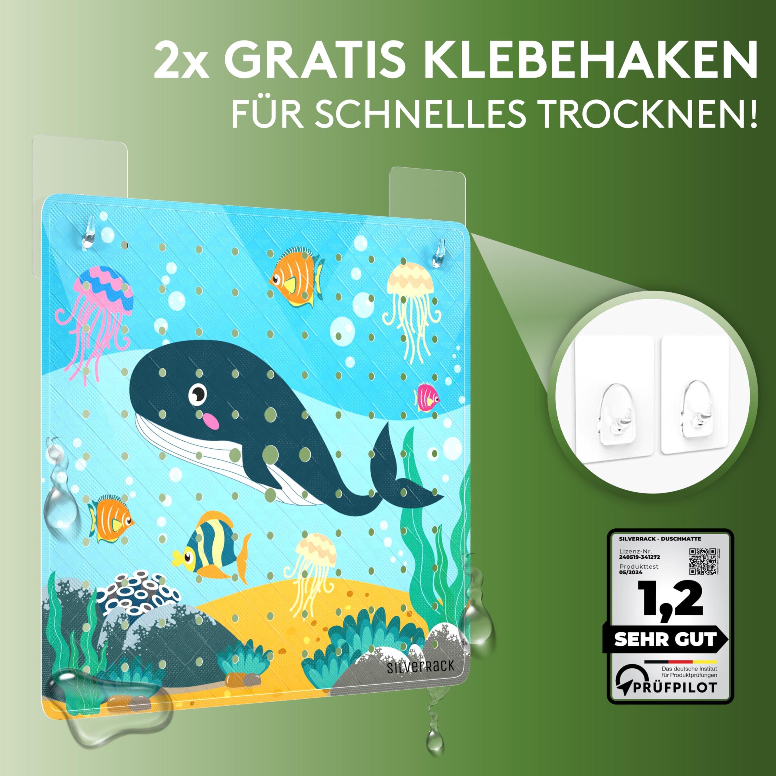 SilverRack Tappetino da doccia per bambini, antiscivolo, 53x53 cm (motivo balena), senza BPA, per bambini, lavabile in lavatrice e resistente alla muffa, tappetino da doccia stampato