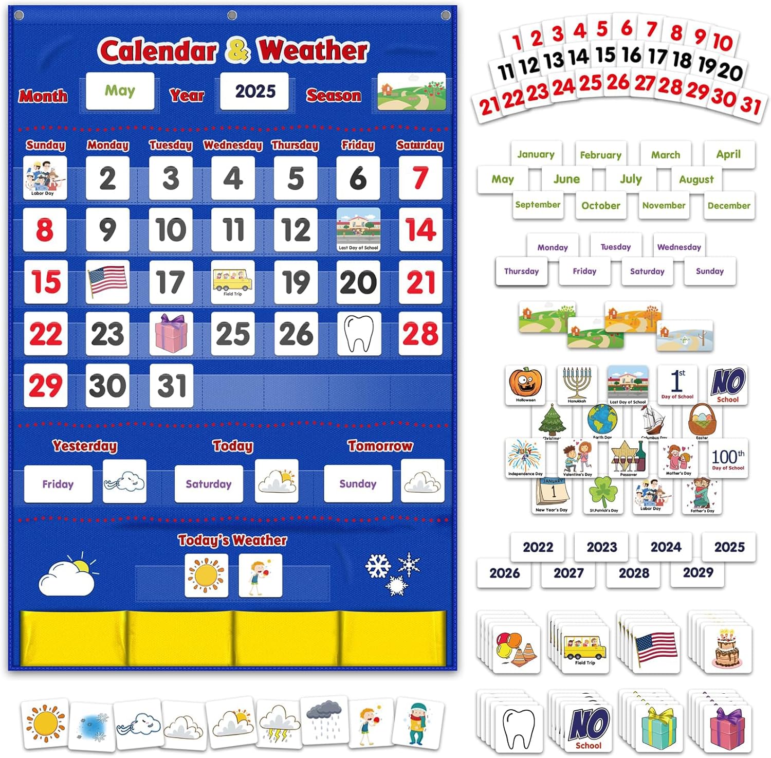 Godery Calendar and Weather Pocket Chart, Classroom Organized Chart, 149 Pieces