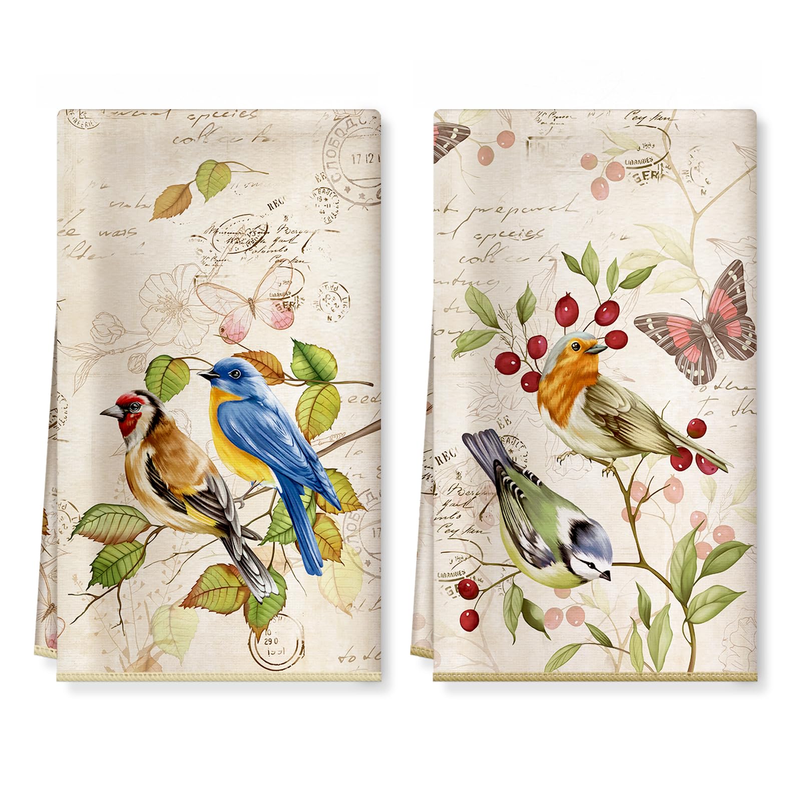 Arquiel Bird Branch Microfiber Kitchen Towel 2Pcs, 40 × 60 cm Soft Absorbent Tea Towels