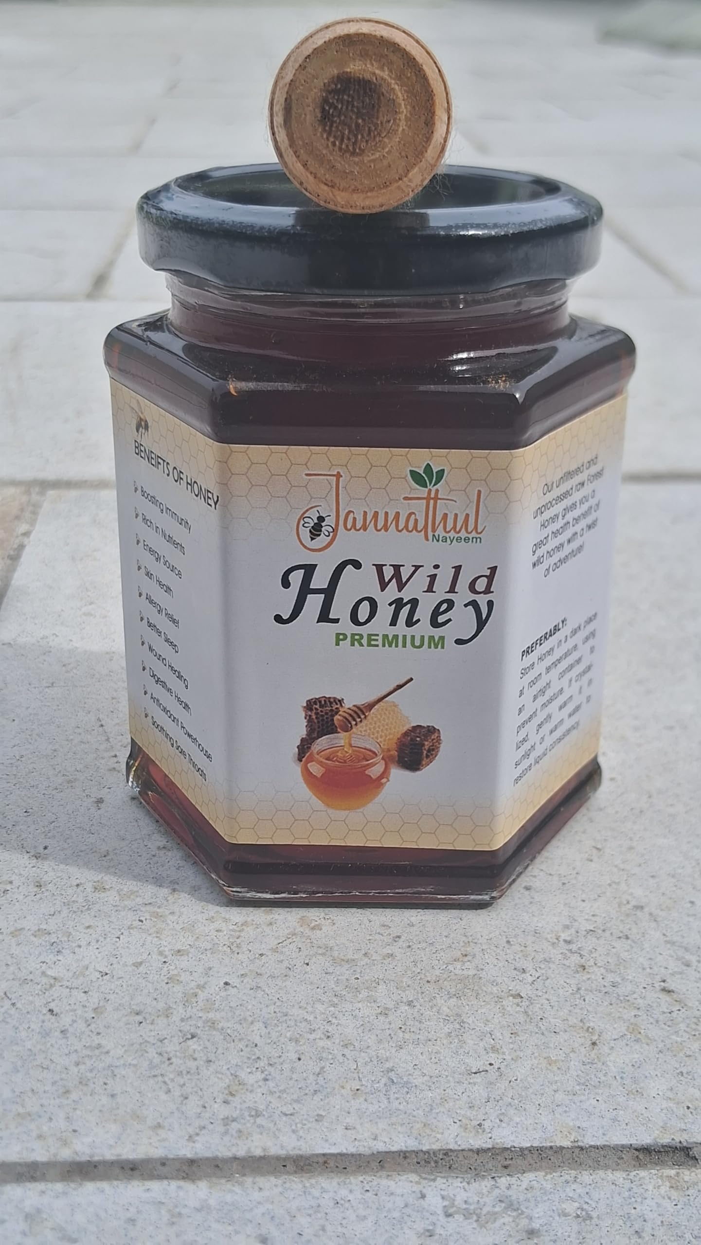 Jannathul Nayeem 100% Pure Raw Wild Honey | Unprocessed, Natural, Organic Forest Honey Packed in Glass Bottle with Honey Stick | Healthy and Delicious -350g