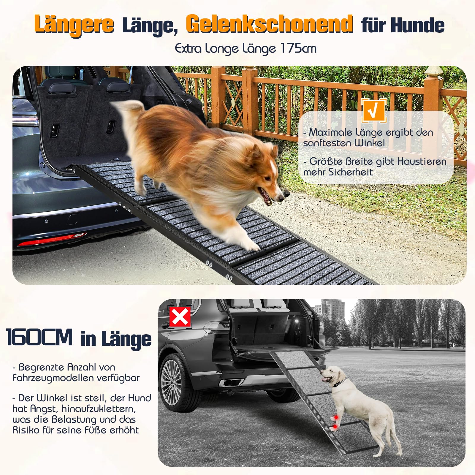 Rampe de voiture extra longue, pliable, pour grands chiens, avec surface de tapis antidérapante, portable et pliable, pour grands chiens, 170 cm de long x 43 cm de large