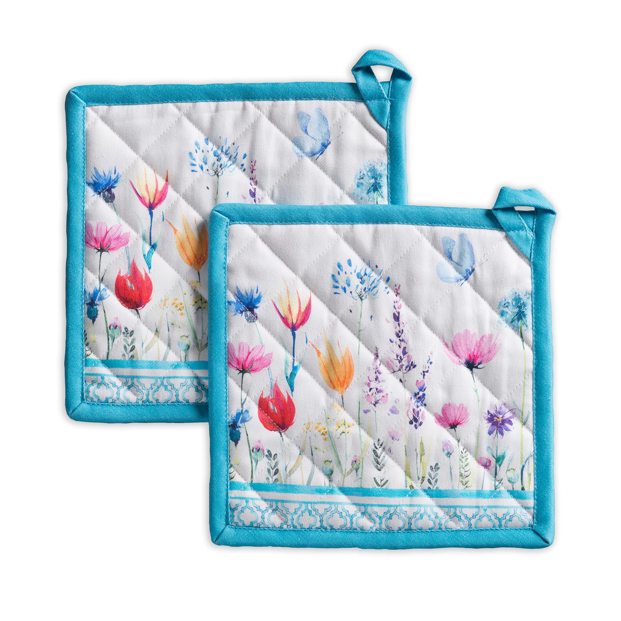 Maison d' Hermine Flower In The Field 100% Cotton Set of 2 Pot Holders for BBQ | Baking | Baking | Oven | Microwave | Grill | Spring/Summer | Easter (20 cm x 20 cm) — image 1