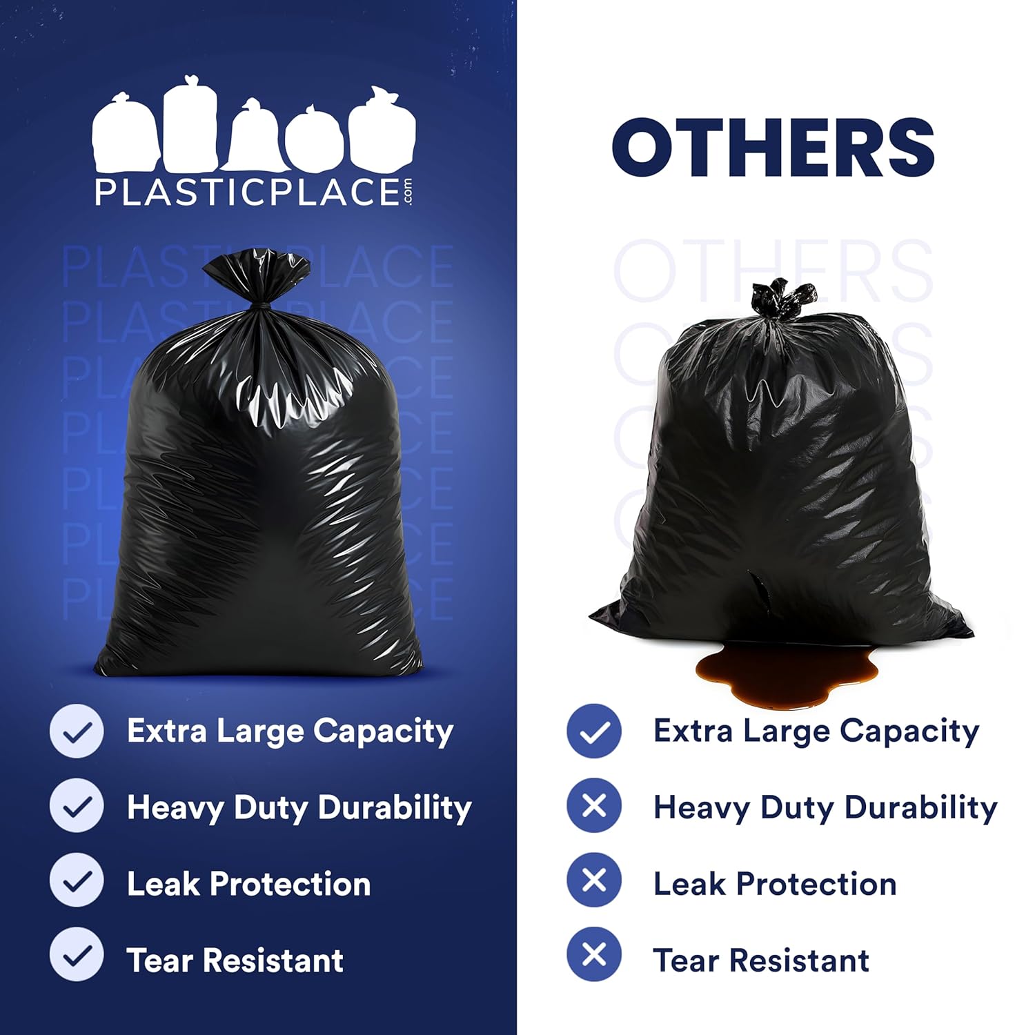 Plasticplace 65 Gallon Trash Bags │ 2.7 Mil │ Black Heavy Duty Garbage Can Liners │ 50” x 48” (25 Count) (W65LDB225A)