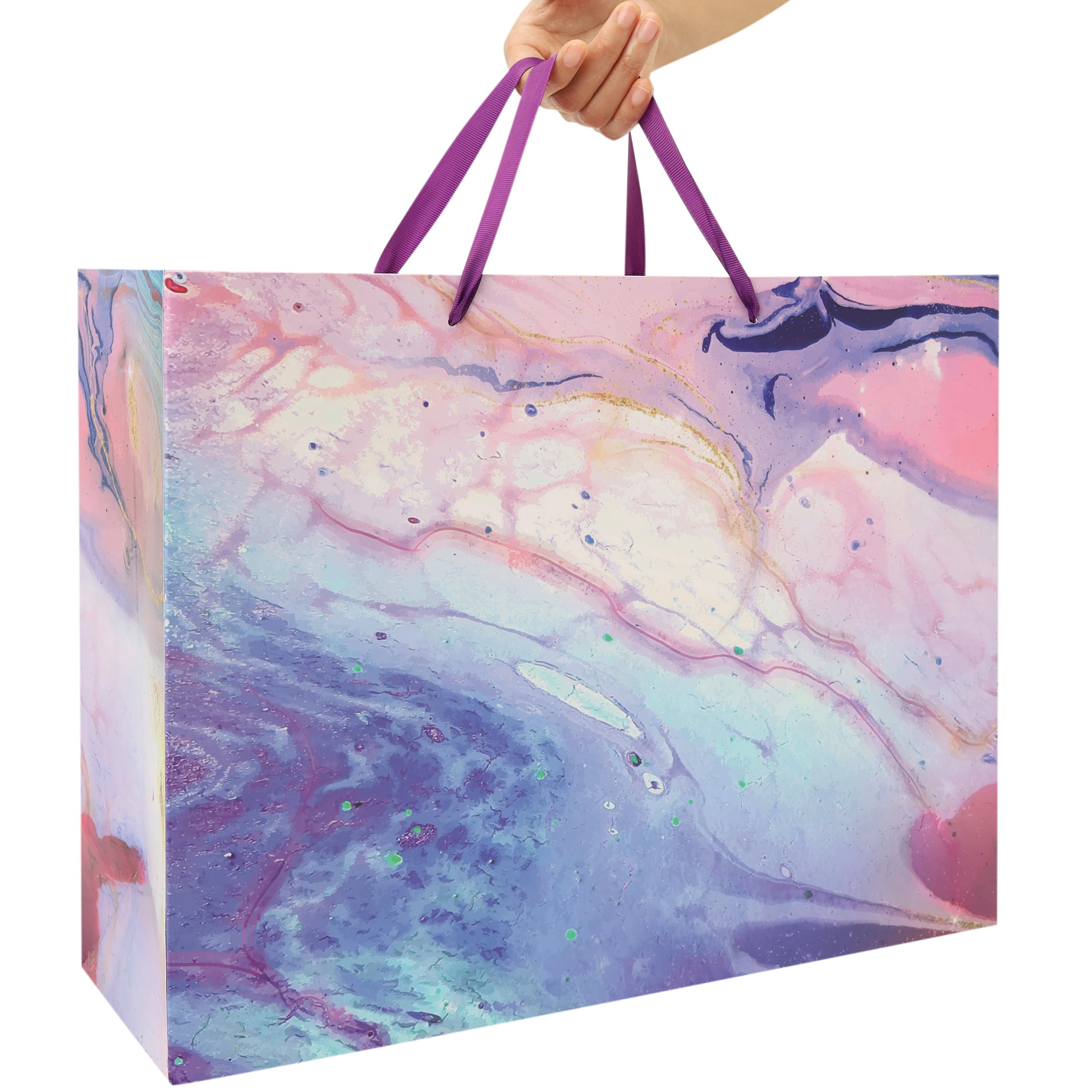 Juego de bolsas de regalo de mármol morado extra grande de 16.5 pulgadas con asas, tarjeta de felicitación, papeles de seda y calcomanías para mujeres, niñas, niños, adolescentes, para cumpleaños, día
