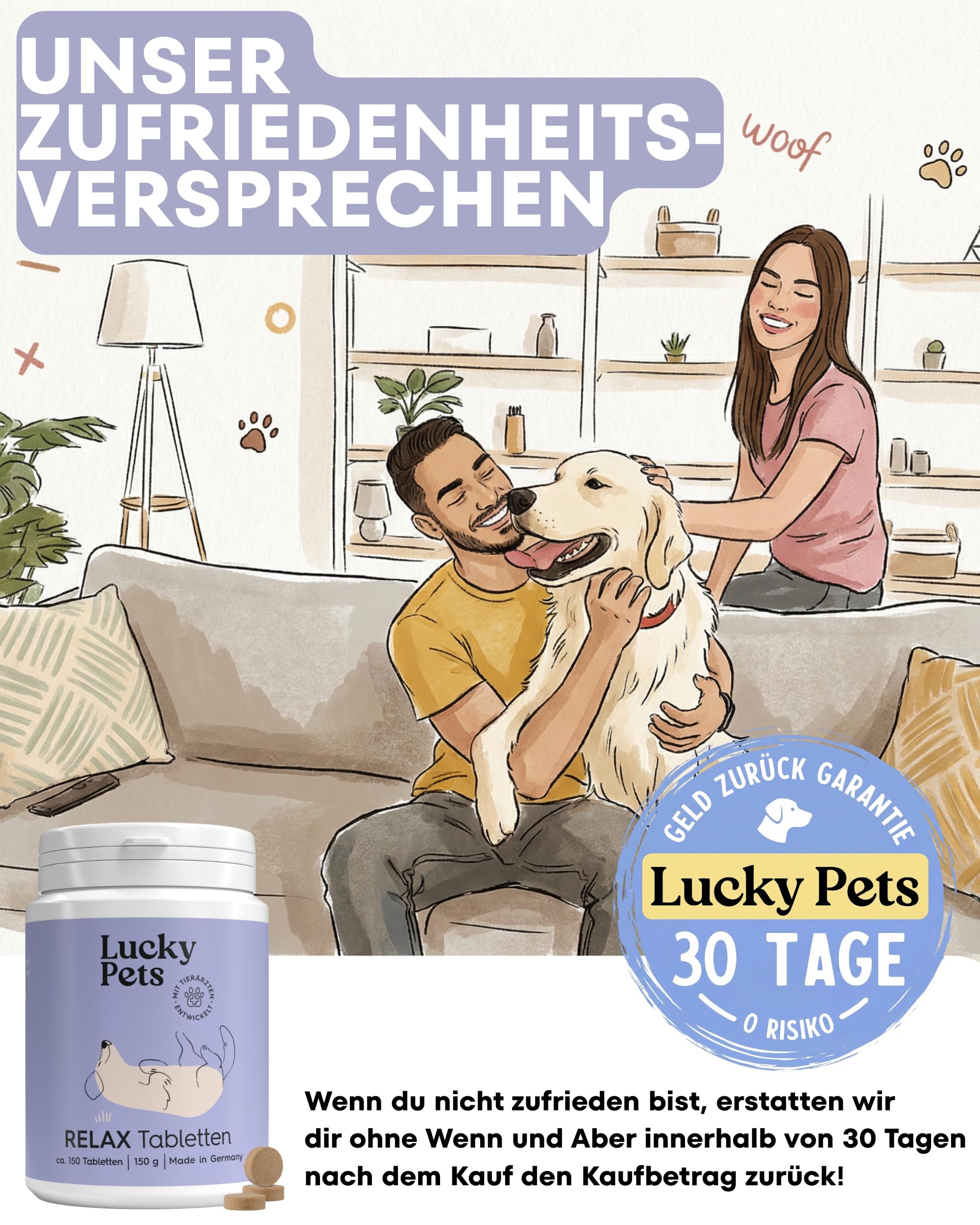Lucky Pets NEU Beruhigungstabletten für Hunde 150 Stück – Mit L-Tryptophan, Baldrian und Hanfsaat – Bei Angst, Stress, Reisen und Silvester – Beruhigungsmittel für Hunde – Made in Germany
