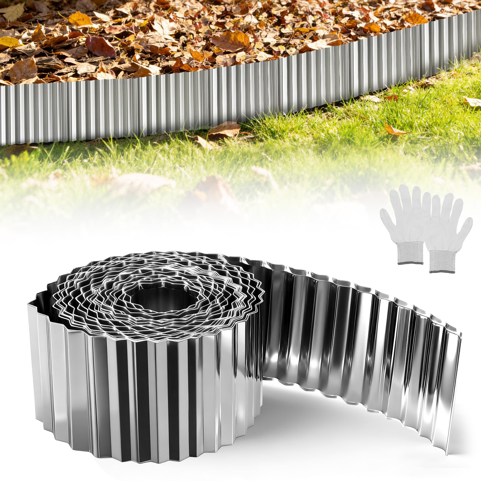 Galvanised Iron Garden Edging - Flexible 10m x 15cm Lawn Edging, Corrugated Rustproof Garden Borders Edging for Flower Beds, Pathways, Tree Rings, with Safe Rolled Edges and Protective Gloves-Silver