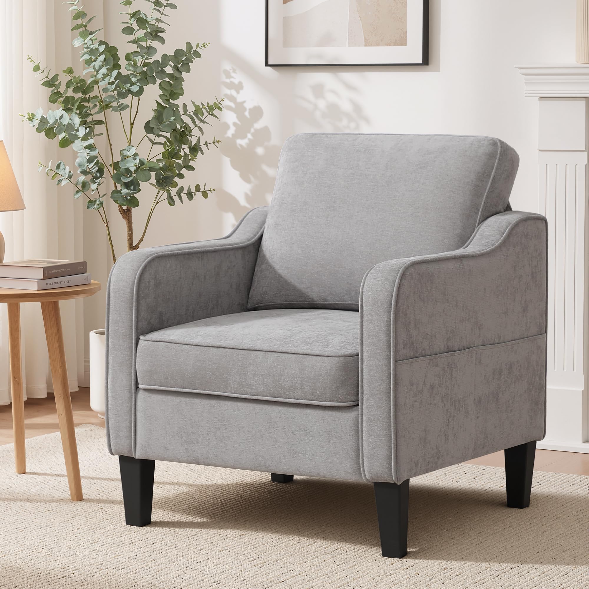 Chenille Accent Chair with Side Pockets, Comfy Armchair for Living Room