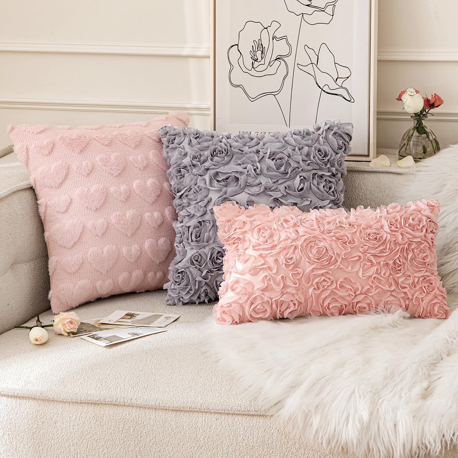 MIULEE 3D Rose Flower Pillow Cover Decorative Valentines Romantic Stereo Chiffon Spring Aesthetic Solid Pillowcase for Girl Women Girlfriend Couch Bedroom Decor 12x20 Inch Peach Pink - Image 4