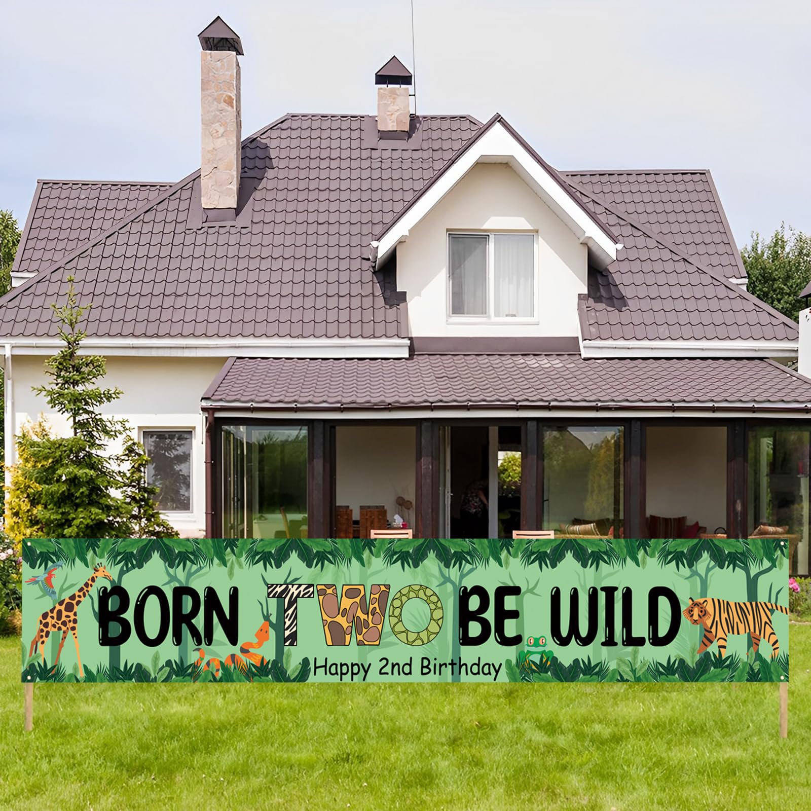 Kimini-Ki Lager Born Two Be Wild Banner, Tierthema 2. Geburtstag Banner für Jungen/Mädchen, zwei Jahre altes Hofschild, Dschungel Giraffe Tiger Elefant Löwe Safari Thema 2. Geburtstag Dekorationen