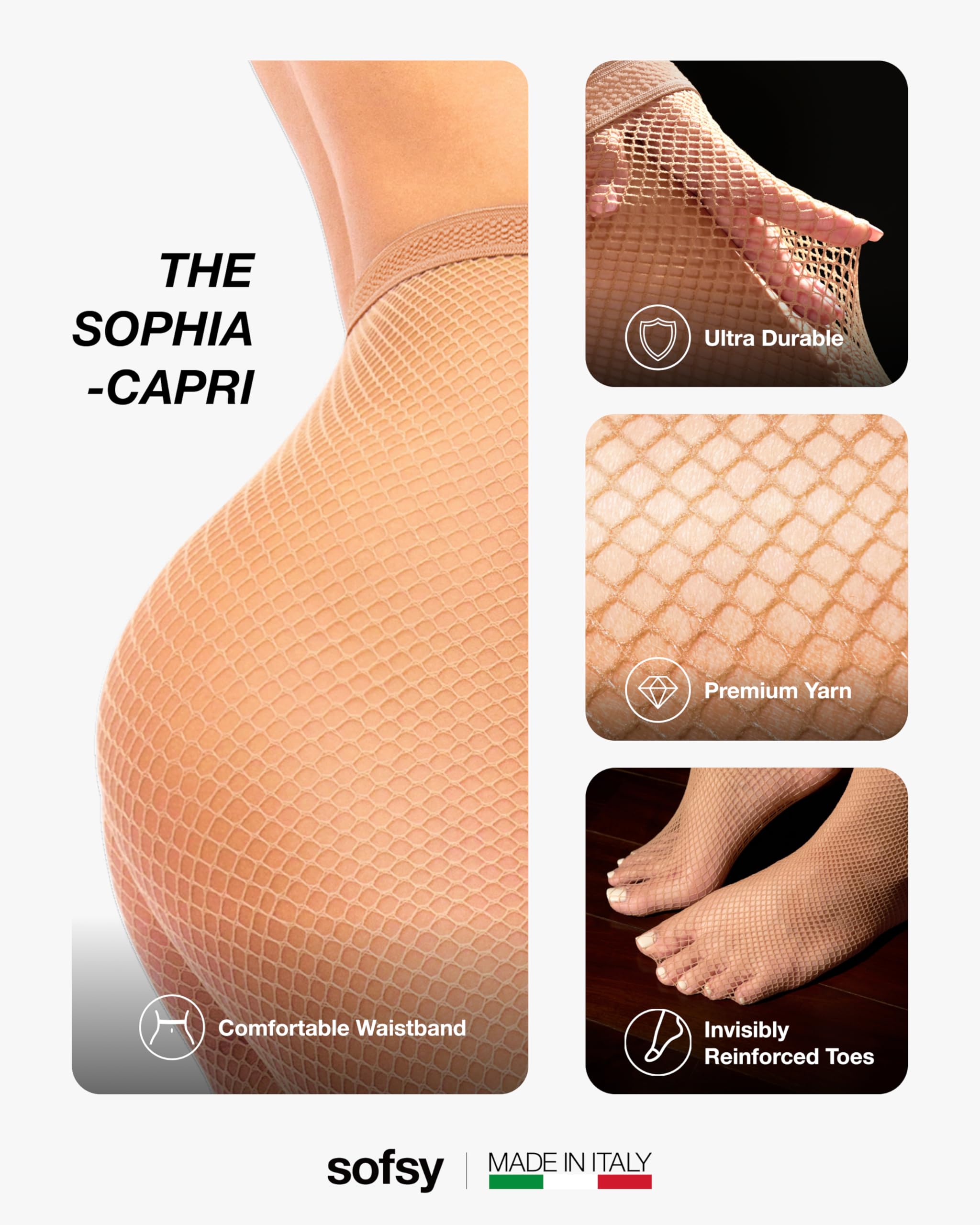 sofsy Collant a Rete Donna – 3 Stili, Vita Alta in Nylon Resistente, Made in Italy, Taglie Regolari e Curvy