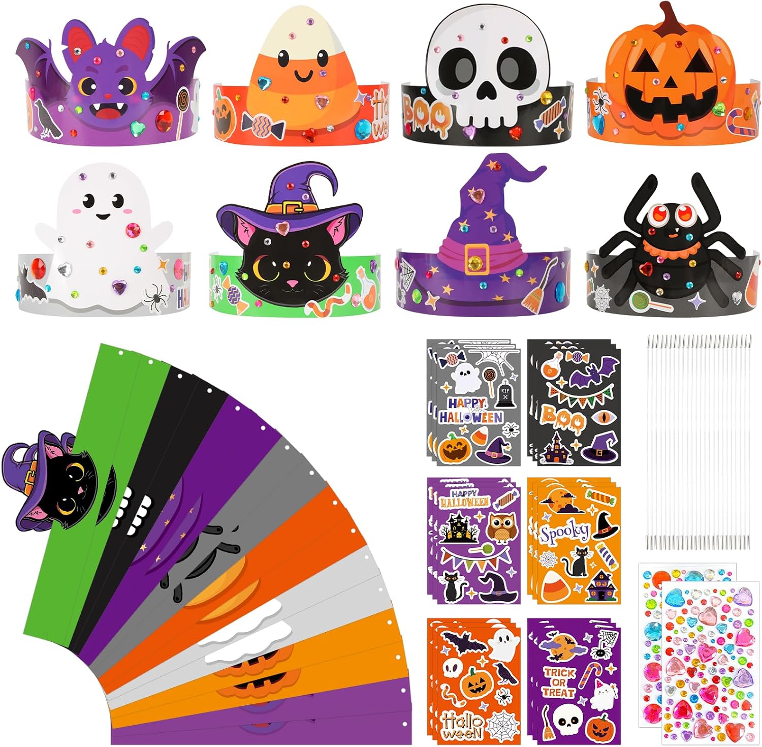 Sealmic 24 Set Halloween Crown Headband Paper Adjustable Hats with Elastic Bands with Themed Stickers Activities Party Favors Pumpkin Ghost Bat