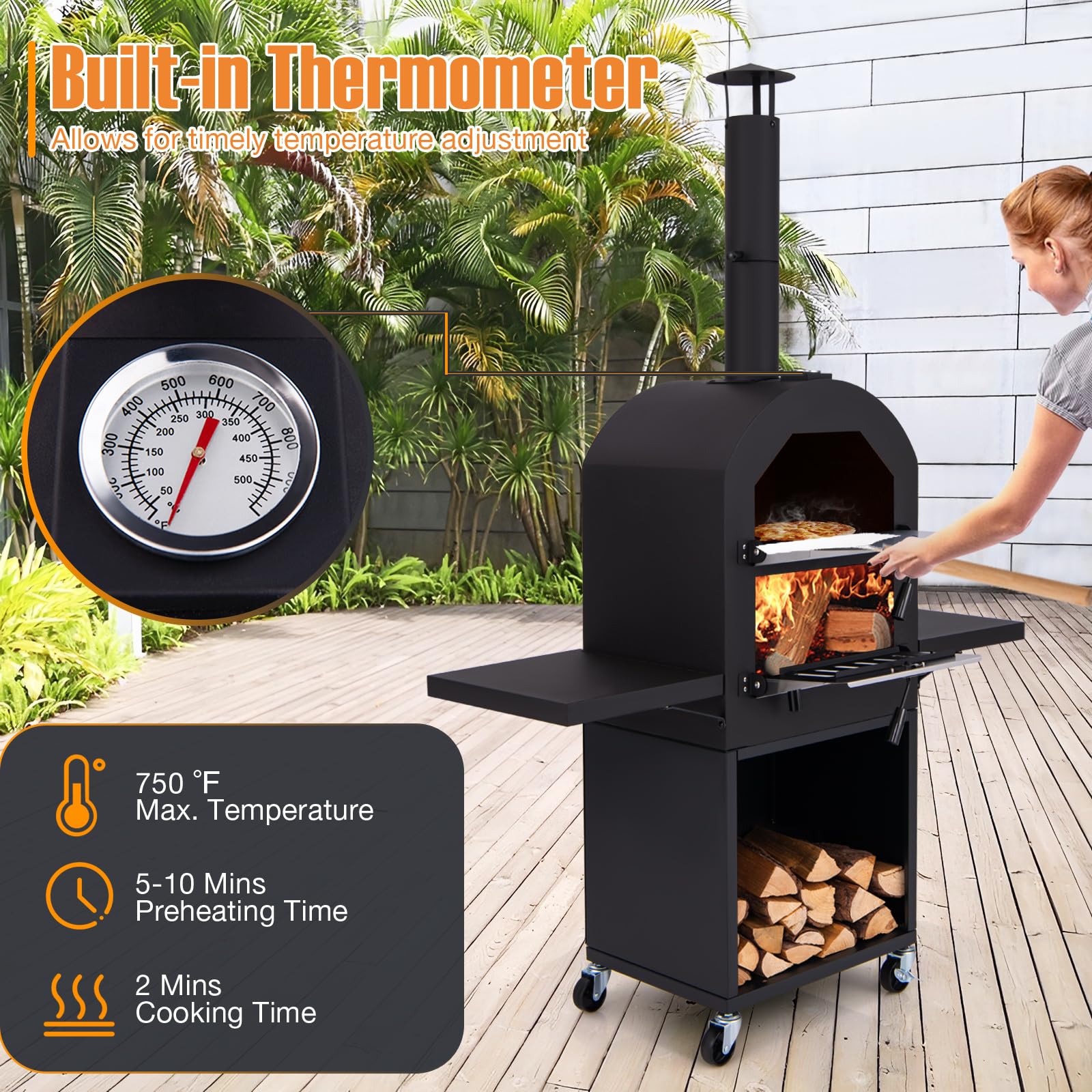 KOMFOTTEU Four à Pizza d'Extérieur Portable 2 Couches avec Sac de Transport, Pelle, Grille, Thermomètre