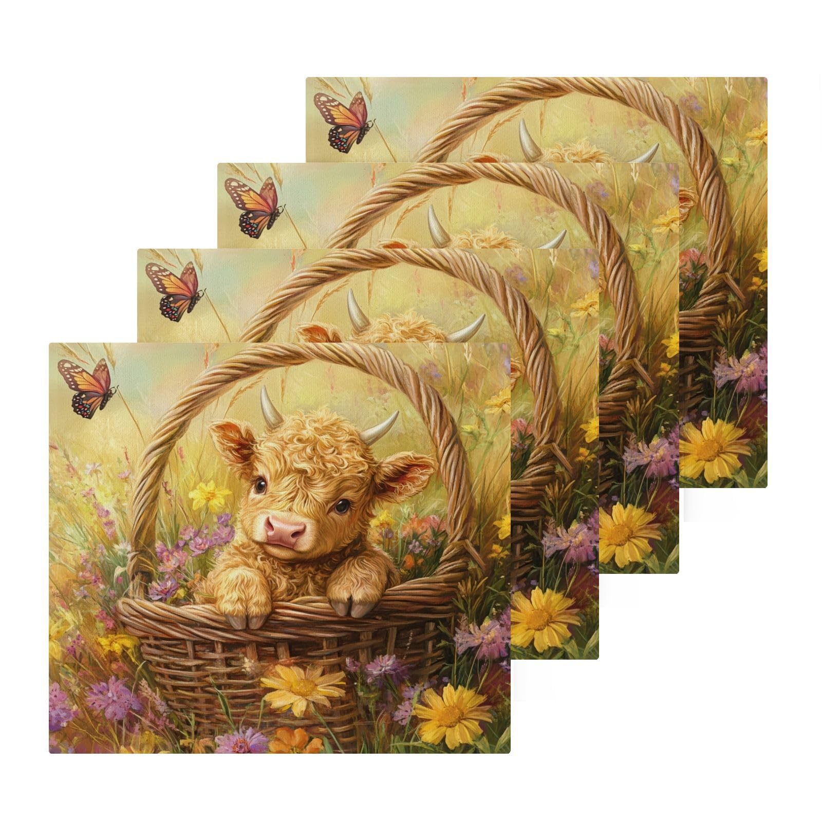 Flradish 4 Pack Highland Cow Flowers Pure Cotton Washcloths 12 x 12 Inch Reusable Absorbent Soft Cotton Face Towels Fingertip Towels Set for Gym Towels,Hotel and Spa