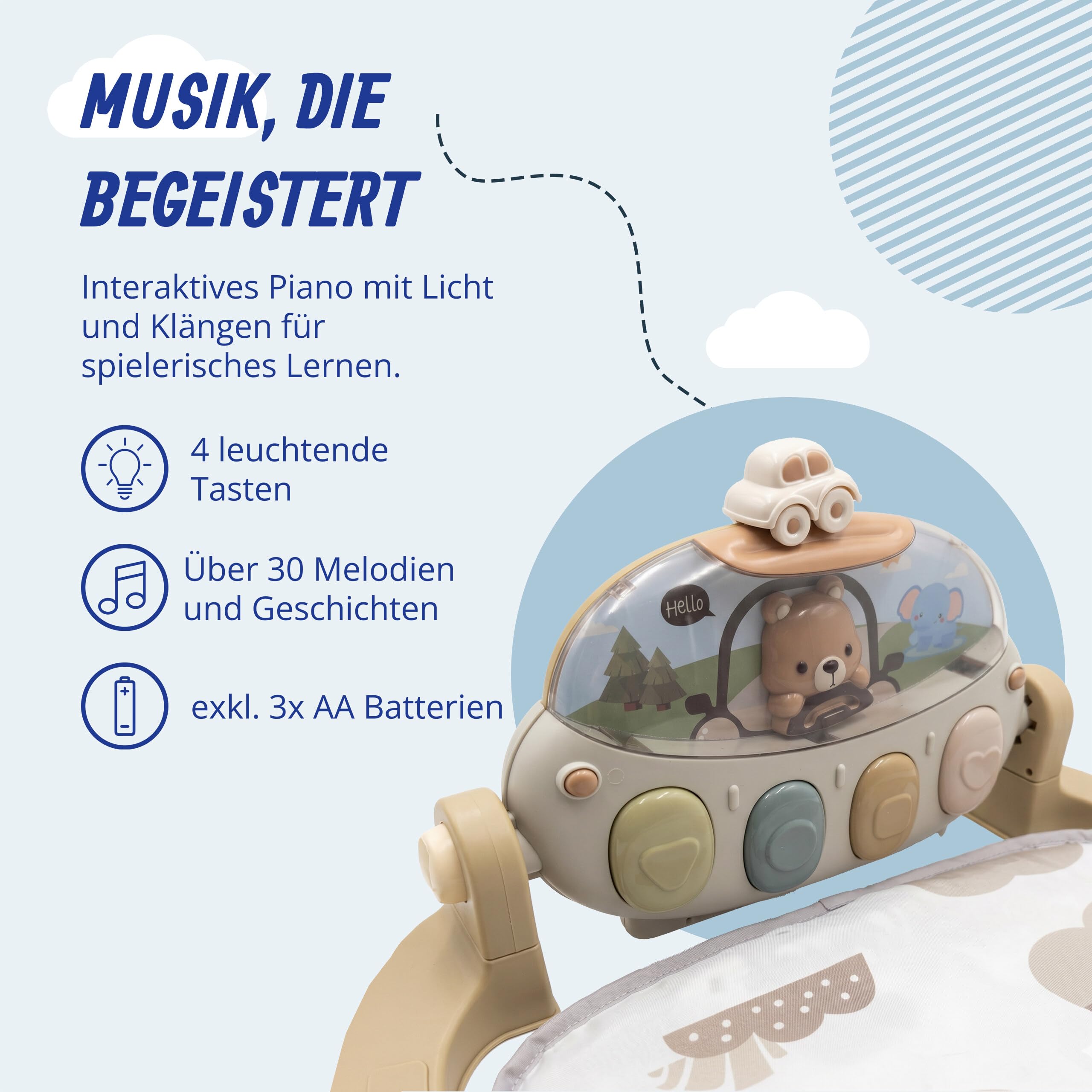 Relaxdays Spielbogen, mit Spielzeug, Musik & Licht, HxBxT: 42 x 64 x 80 cm, Stoff, Baby Gym, Krabbeldecke Bär, braun