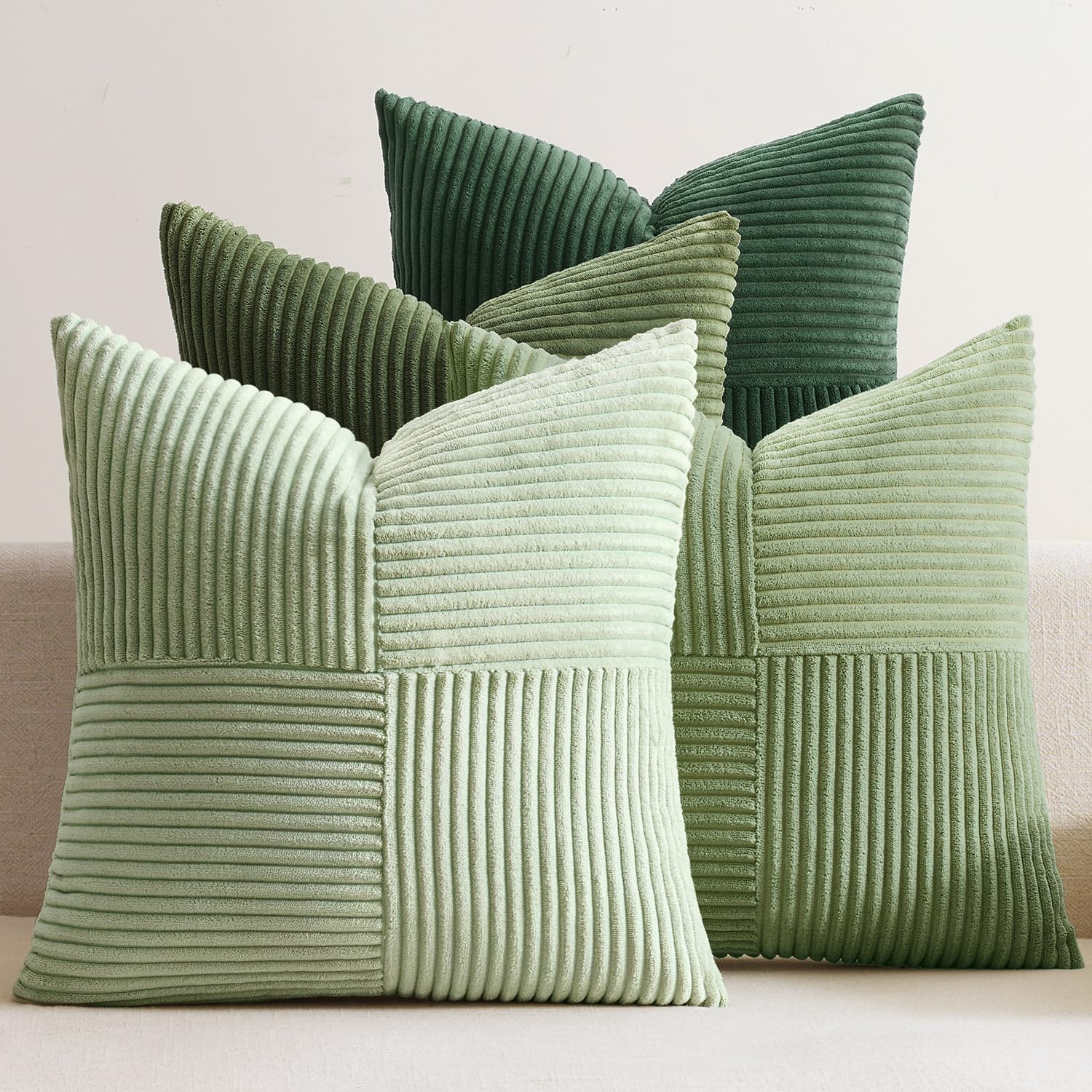 EMEMA Kissenbezug Kordsamt 4er Set Patchwork Kissenhülle 45x45 cm Zierkissenbezug Dekokissen Sofakissen Kord Dekorative Kissen für Sofa Sessel Zuhause Schlafzimmer Grün Serie