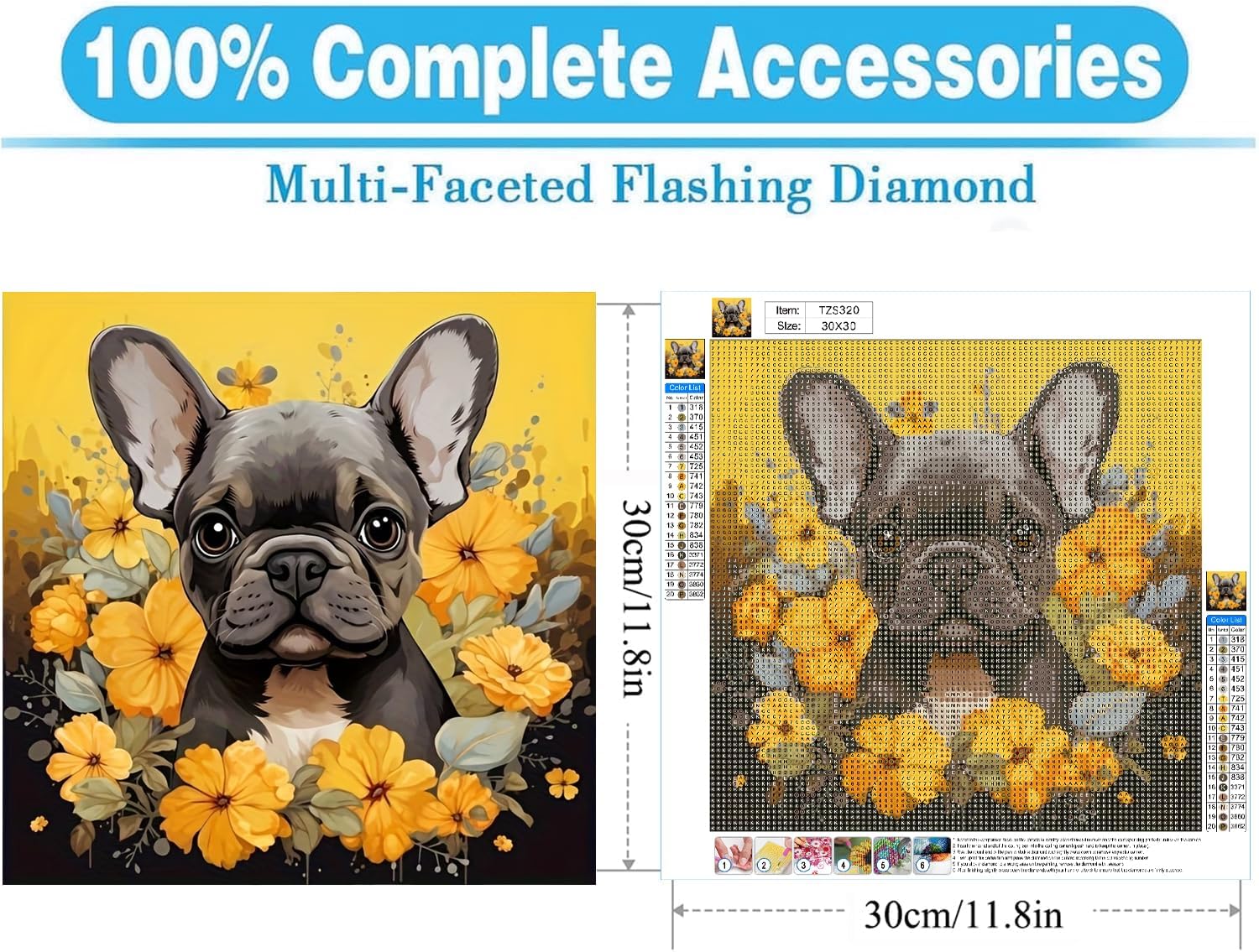 MOMDEDP French Bulldog Diamond Art Kits for Adults, 5D Diamond Painting Kits for Beginners, DIY Round Full Drill Bead Craft for Home Wall Decor Gift 12x12 inch, Animal image 3
