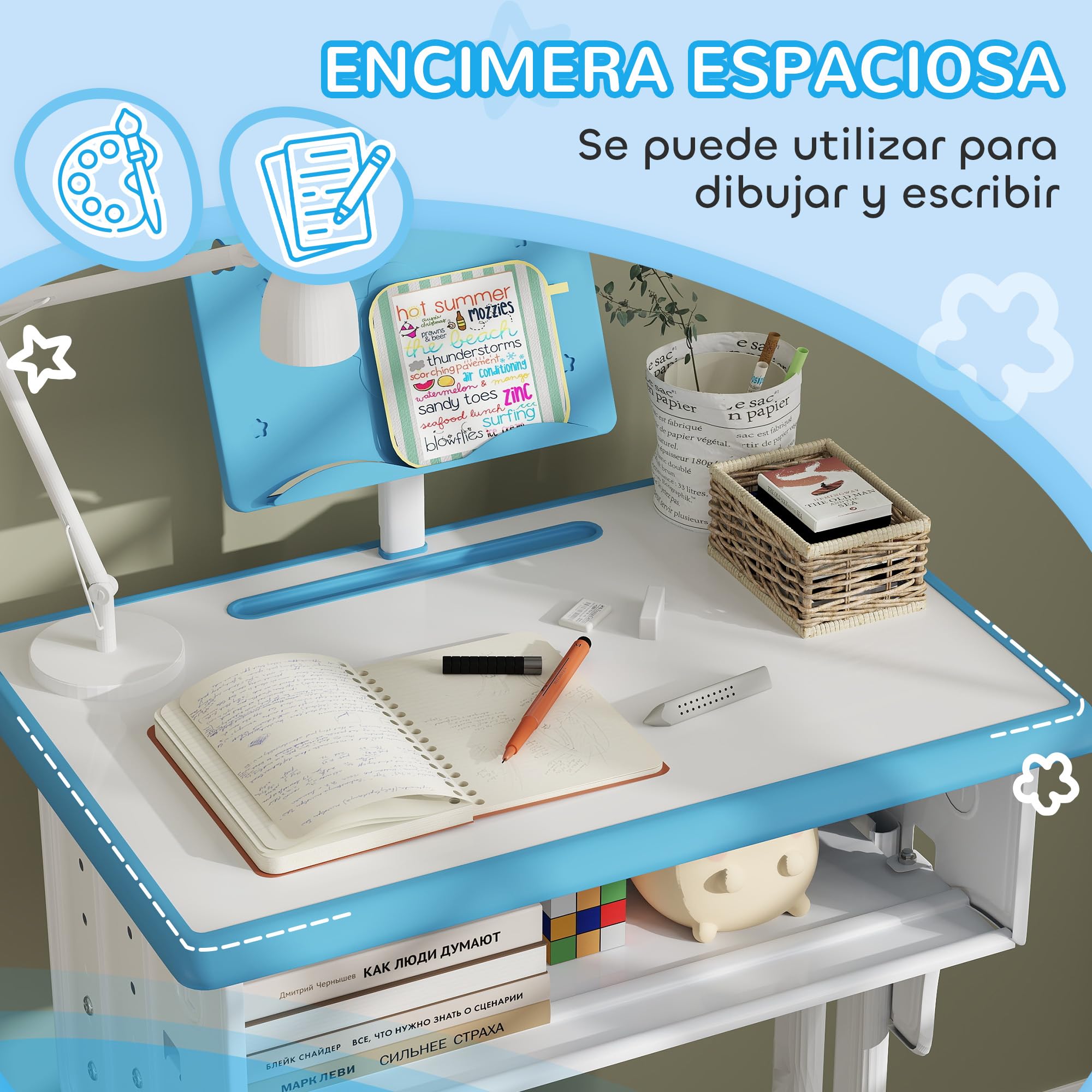 HOMCOM Juego de Escritorio y Silla para Niños de 6-12 Años Escritorio Infantil Altura Ajustable con 1 Cajón 1 Ranura para Lápiz y 1 Estante para Libros Acero 60x45x90-102 cm Azul