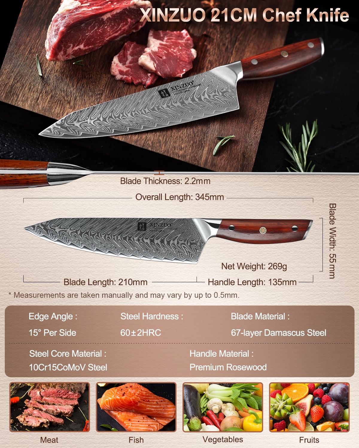 XINZUO Acero de Damasco Cuchillo Chef, 21cm Kiritsuke Cuchillo de Cocinero, Profesional Forjado de Gyuto Cuchillos de Cocina, Mango de Madera de Rosa- con Funda Magnética