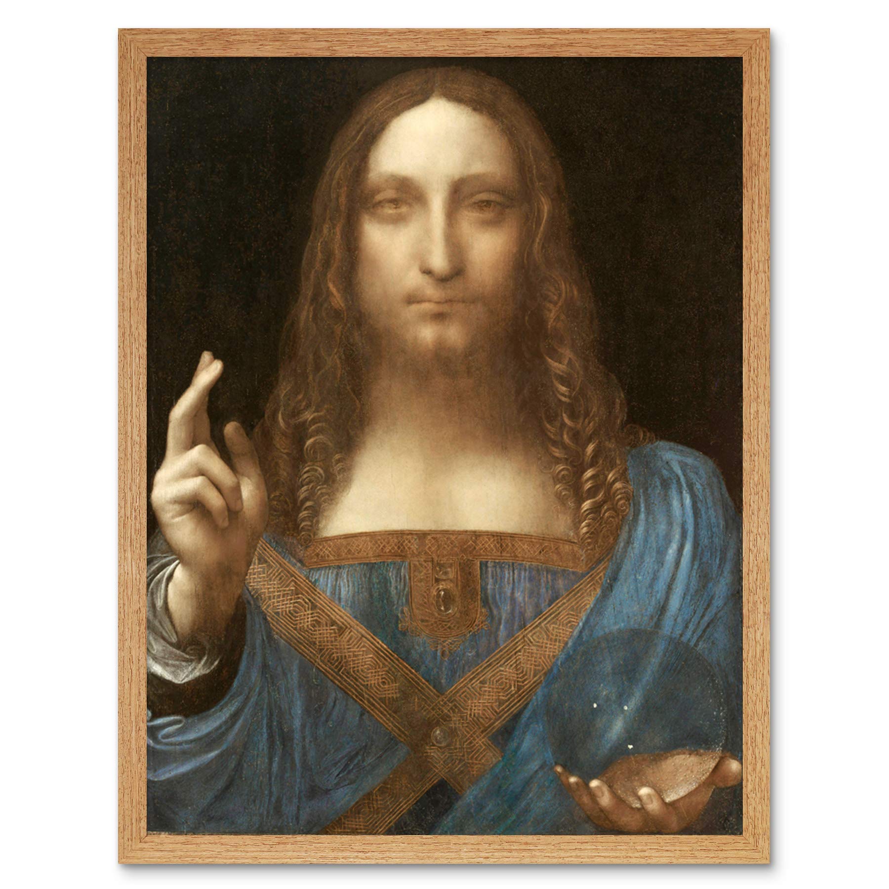 Fine Art Prints Framed Light Oak 12X16 Da Vinci Salvator Mundi World Saviour Jesus Painting Art Print Framed Poster Wall Decor 12X16 Inch