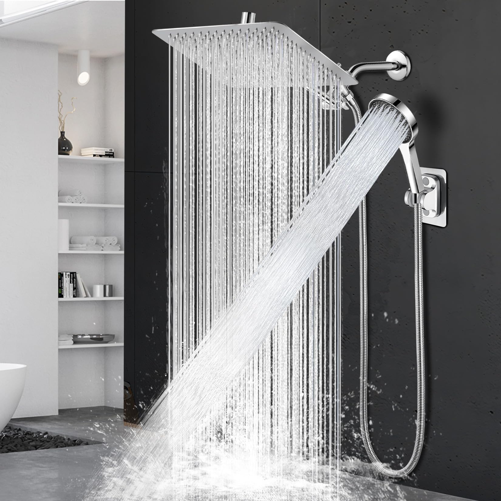 Shower Head,12”Rain Shower Head with Handheld Spray Combo and Adjustable Extension Arm/Shower System,High Pressure Rain Fall Hose,Chrome