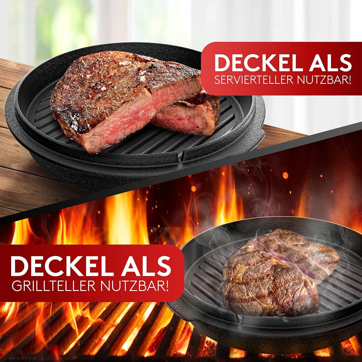 Grill Dutch Oven – zestaw Dutch Oven [8 l] – nadaje się do kuchenek indukcyjnych – ze stojakiem na garnek – wypalony żeliwny garnek – w zestawie Podnośnik pokrywy i e-book.