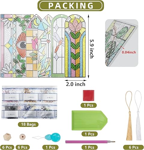 Miniatura 8 de SWATOM 6 marcapáginas de pintura de diamantes 5D Sol y Luna acrílico diamante con kits de pintura DIY borlas y cuentas de madera, marcadores de