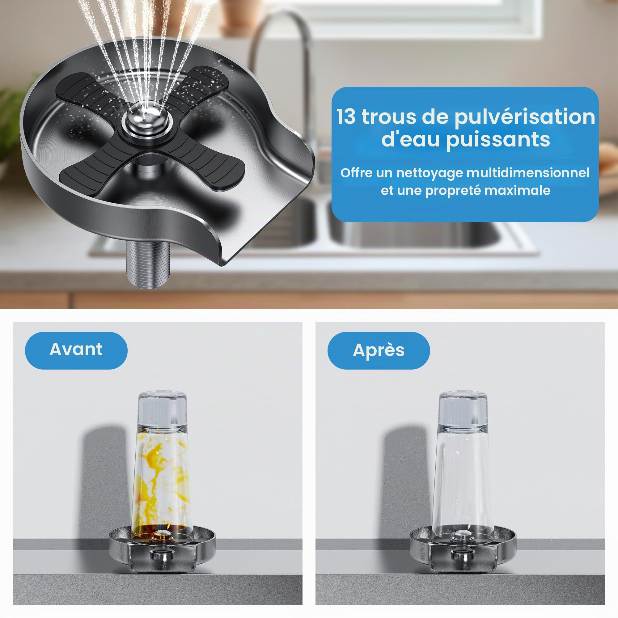 Rince-verre en acier inoxydable avec 13 sorties d'eau - Lave-bouteille pour évier de cuisine, Lave-verre en métal avec finition brossée, Installation facile à faire soi-même Nettoyage efficace