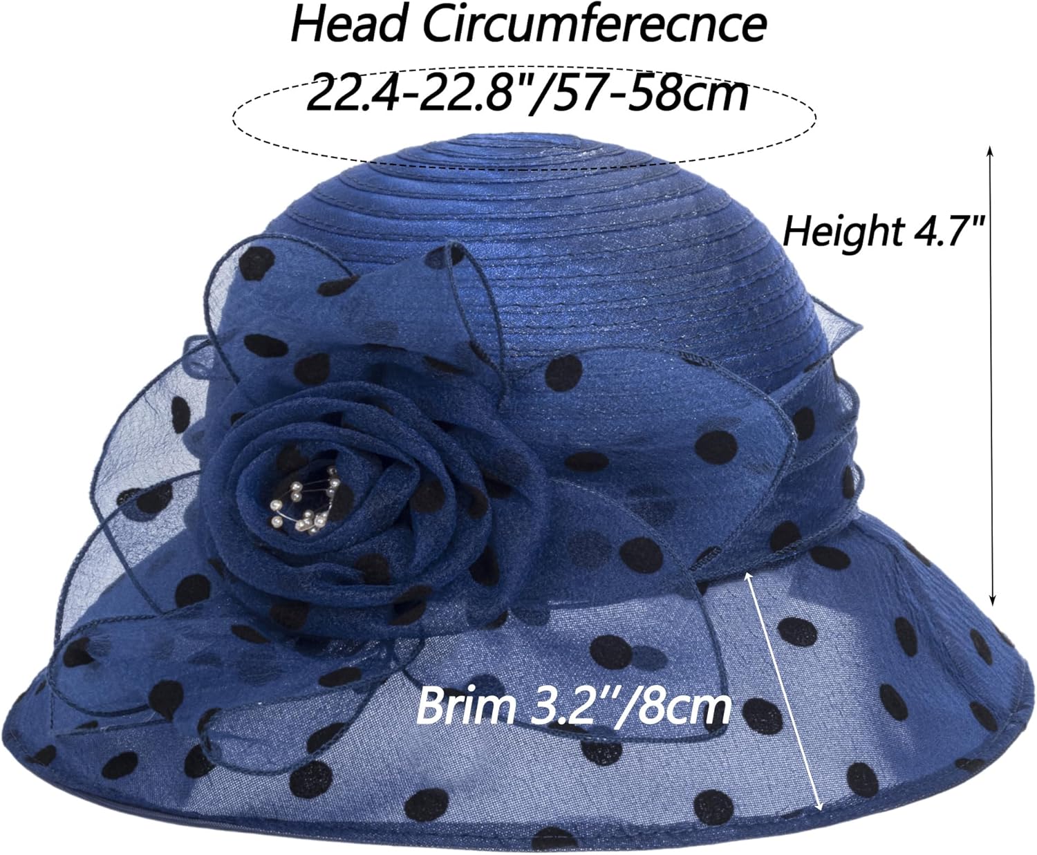 Lady Polka dots Organza Fascinator Sun Hats Women Kentucky Wide Brim Derby Bowler Hat for Tea Party Church Wedding Size:S-M - Image 4