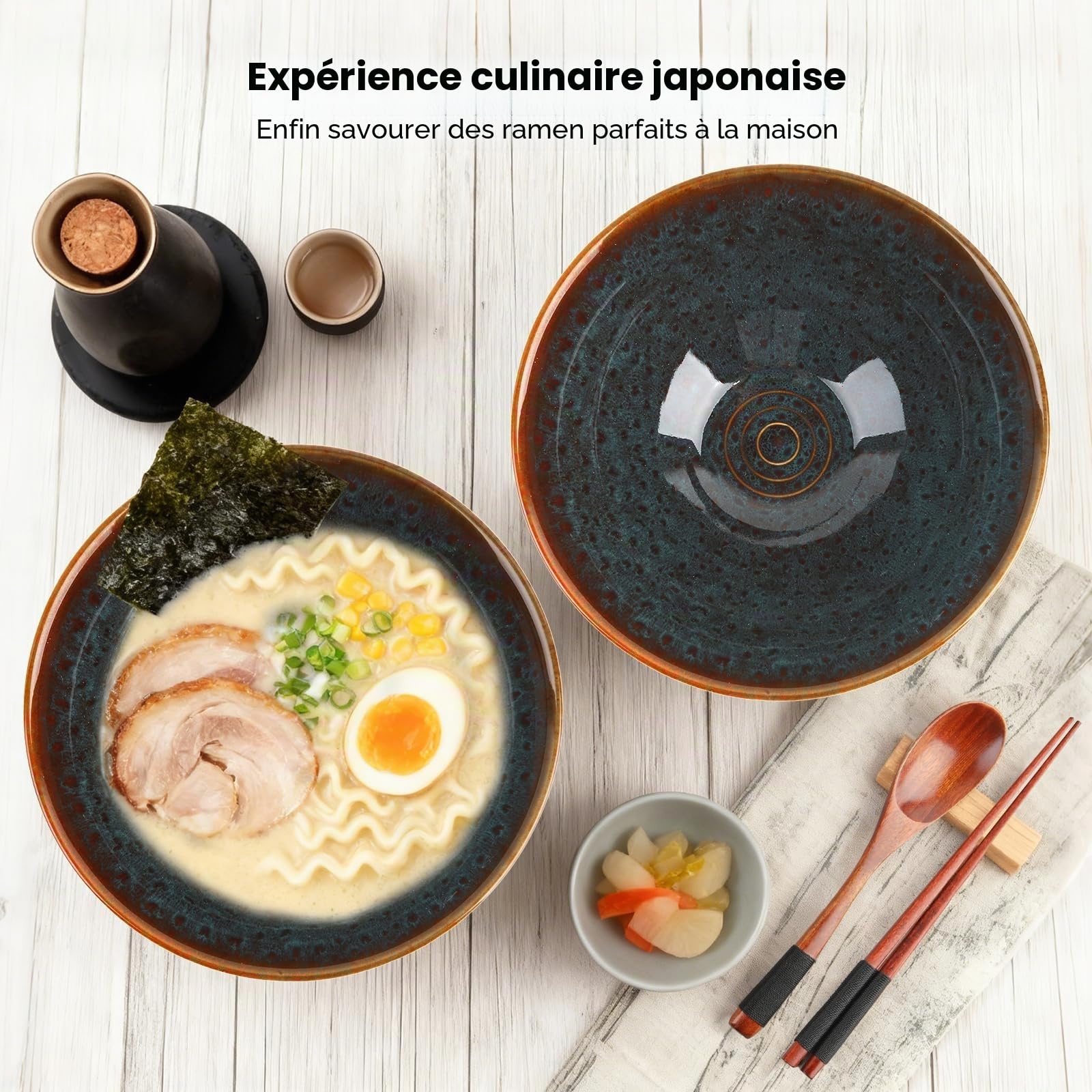 GEEKHOM Ramen Lot de 2 bols à ramen japonais en céramique de 1200 ml avec baguettes et cuillères en bois – Grand, micro-ondes et lave-vaisselle pour pâtes, soupe, pho, salade
