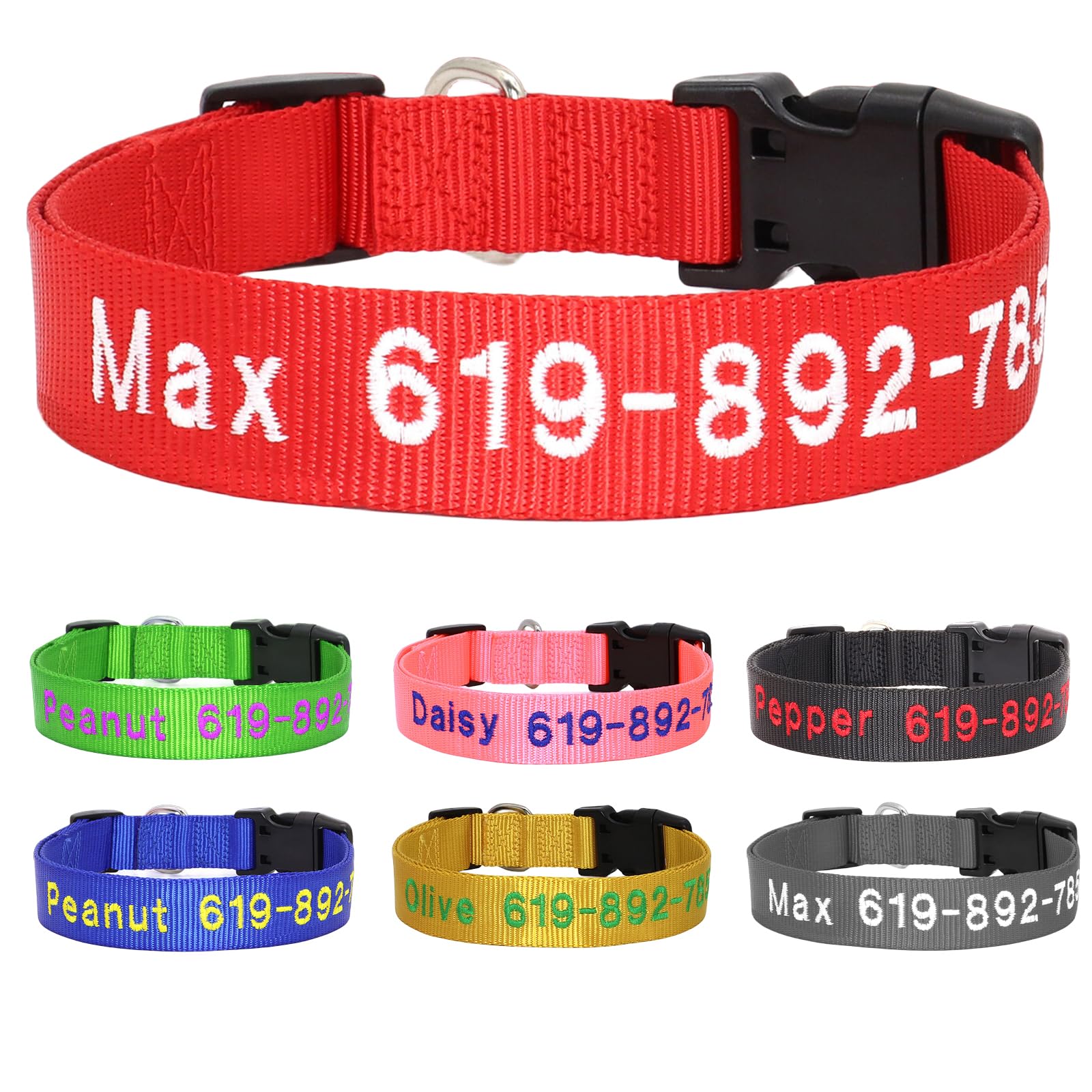 Personalized Embroidered Dog Collars, Custom Dog Name & Phone Number, 5 Adjustable Sizes for XS to XL,Nylon Collars for Boy Girl Dogs,Puppy,Safety Release Metal Buckle and D-Ring,Red