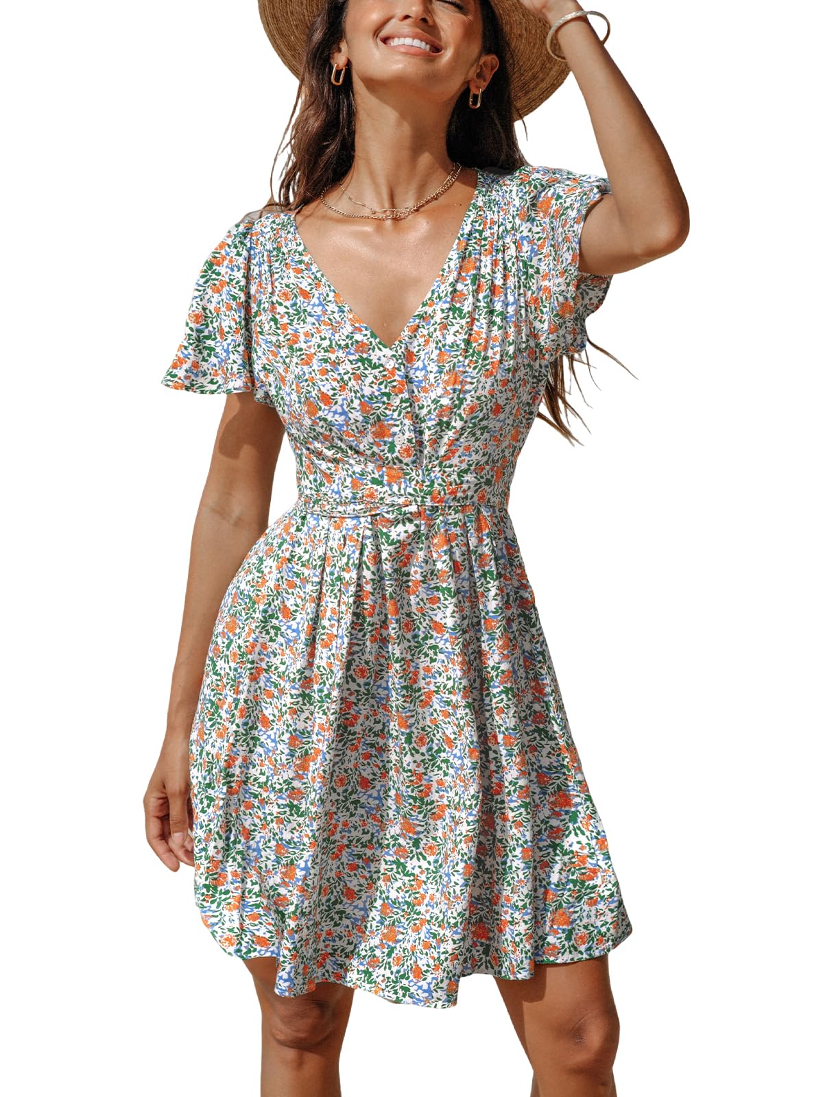 CUPSHE Women's Dress, V-Neck, Short Sleeves, Floral Pattern, Buttons, Summer Dress, Casual Dress, Beach Mini Dress
