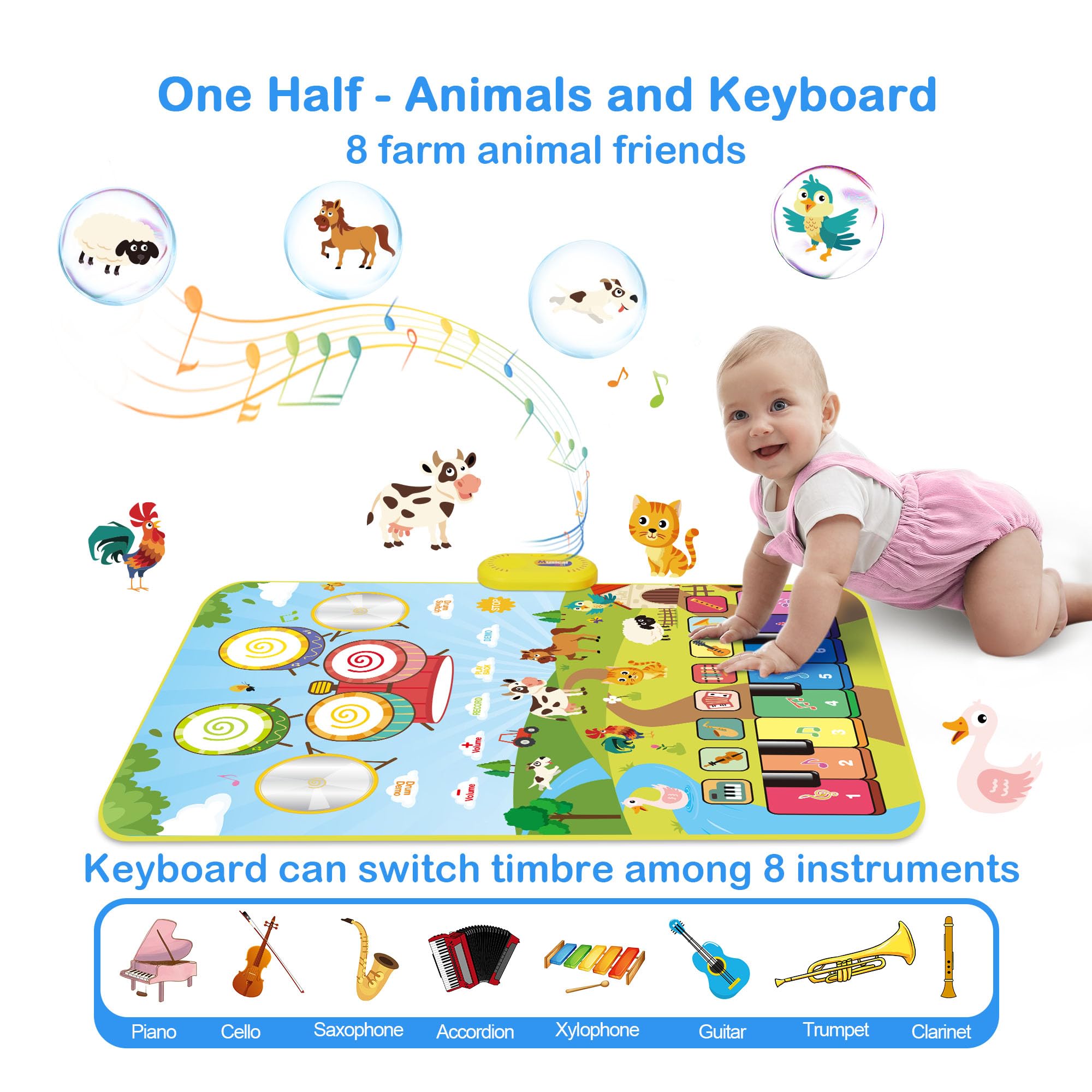 Foki 3-in-1 Musical Mats, Child Floor Piano Drum Animal Music Play Mat Montessori Sensory Early Educational Musical Learning Toys for Baby Girls Boys Birthday Toddlers 1-5 Years Old
