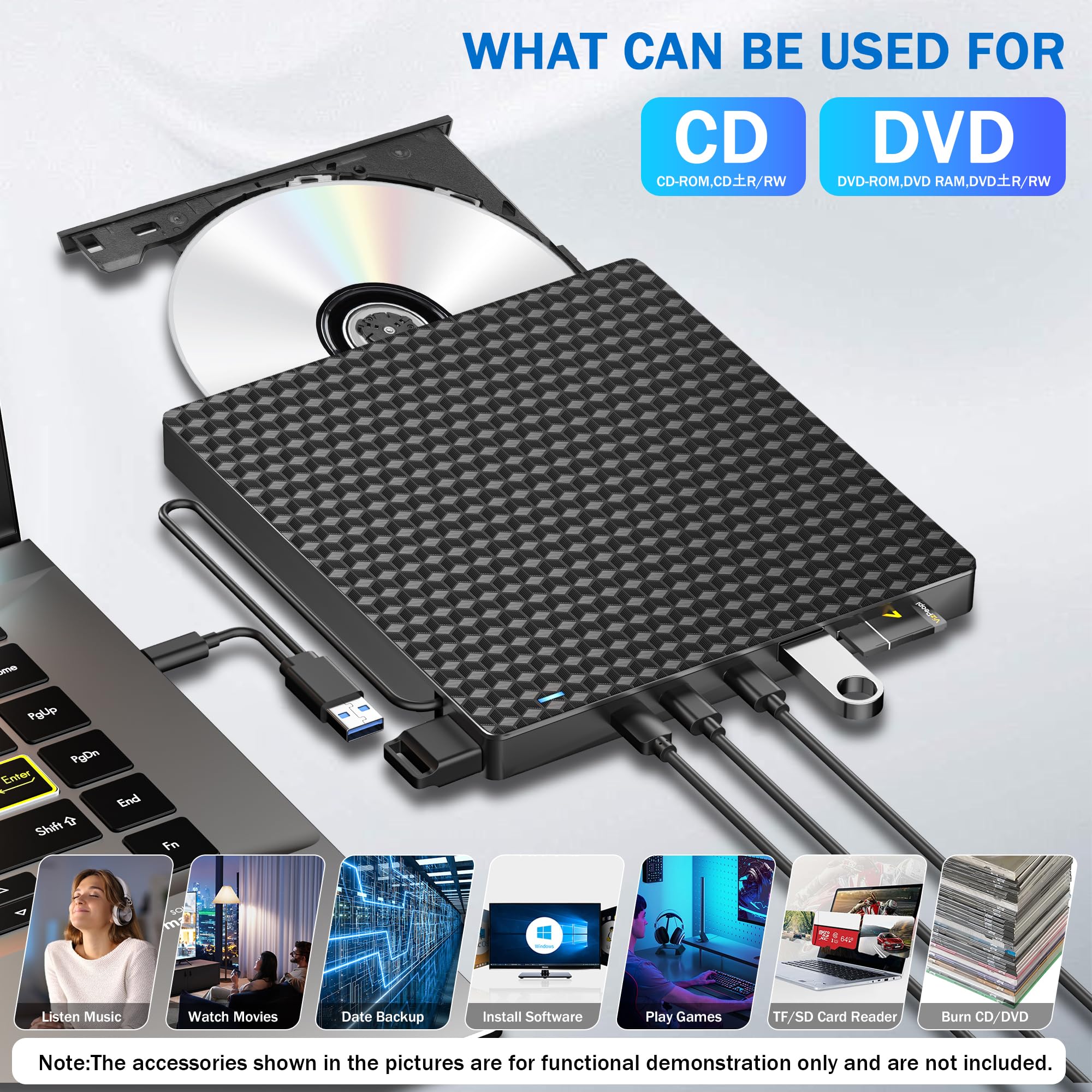 Unità CD DVD esterna per laptop, lettore ottico USB 3.0, 4 porte USB e 2 slot per schede TF/SD, masterizzatore CD/DVD portatile CD ROM esterno per computer portatile desktop PC Windows 11/10/8/7/XP