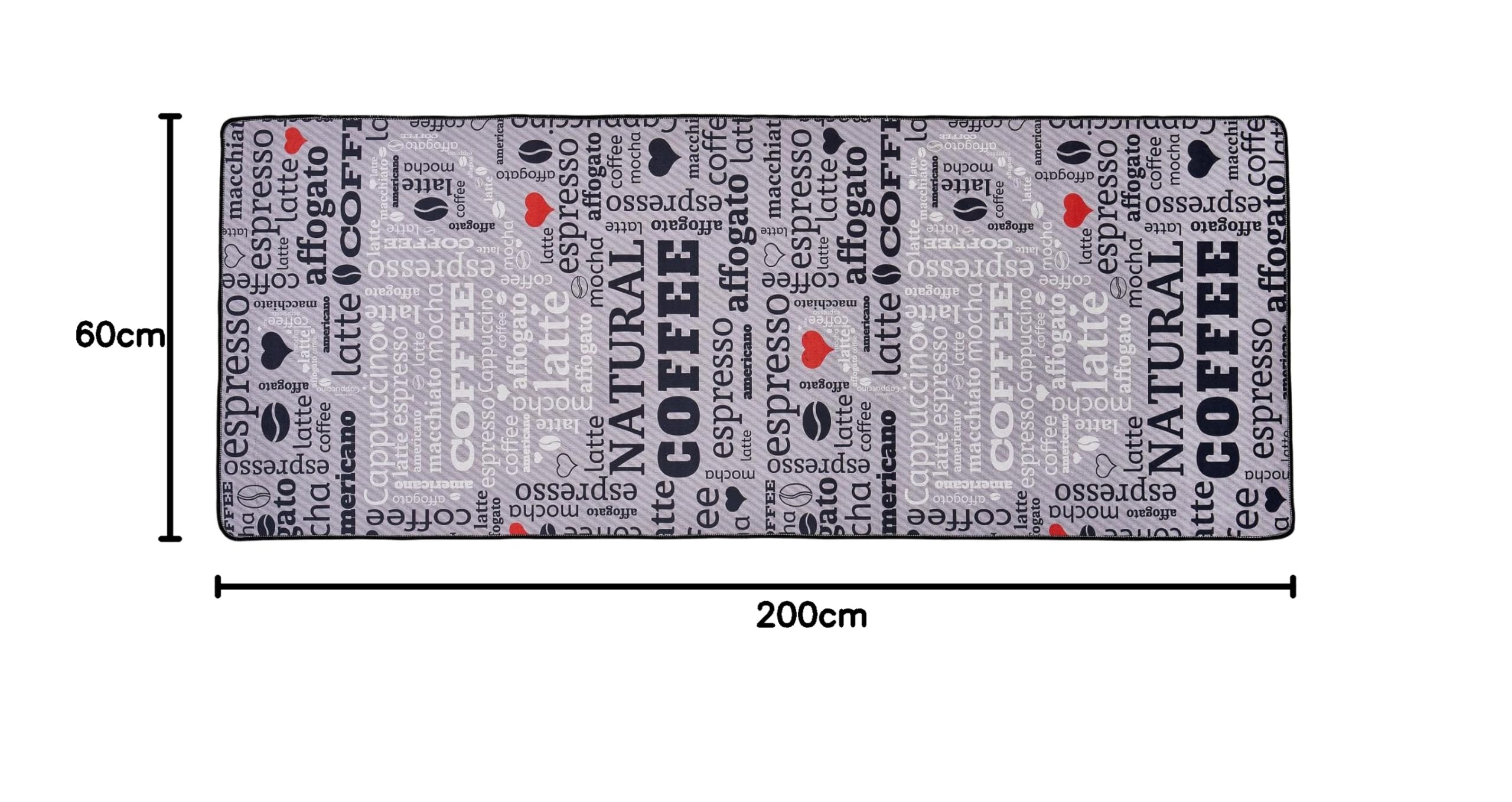 Tapis de Cuisine Moderne en Gel, Gris, Blanc, Noir, avec Motif de Sol antidérapant et Inscription café Macchiato (Gris, 60 x 200 cm)