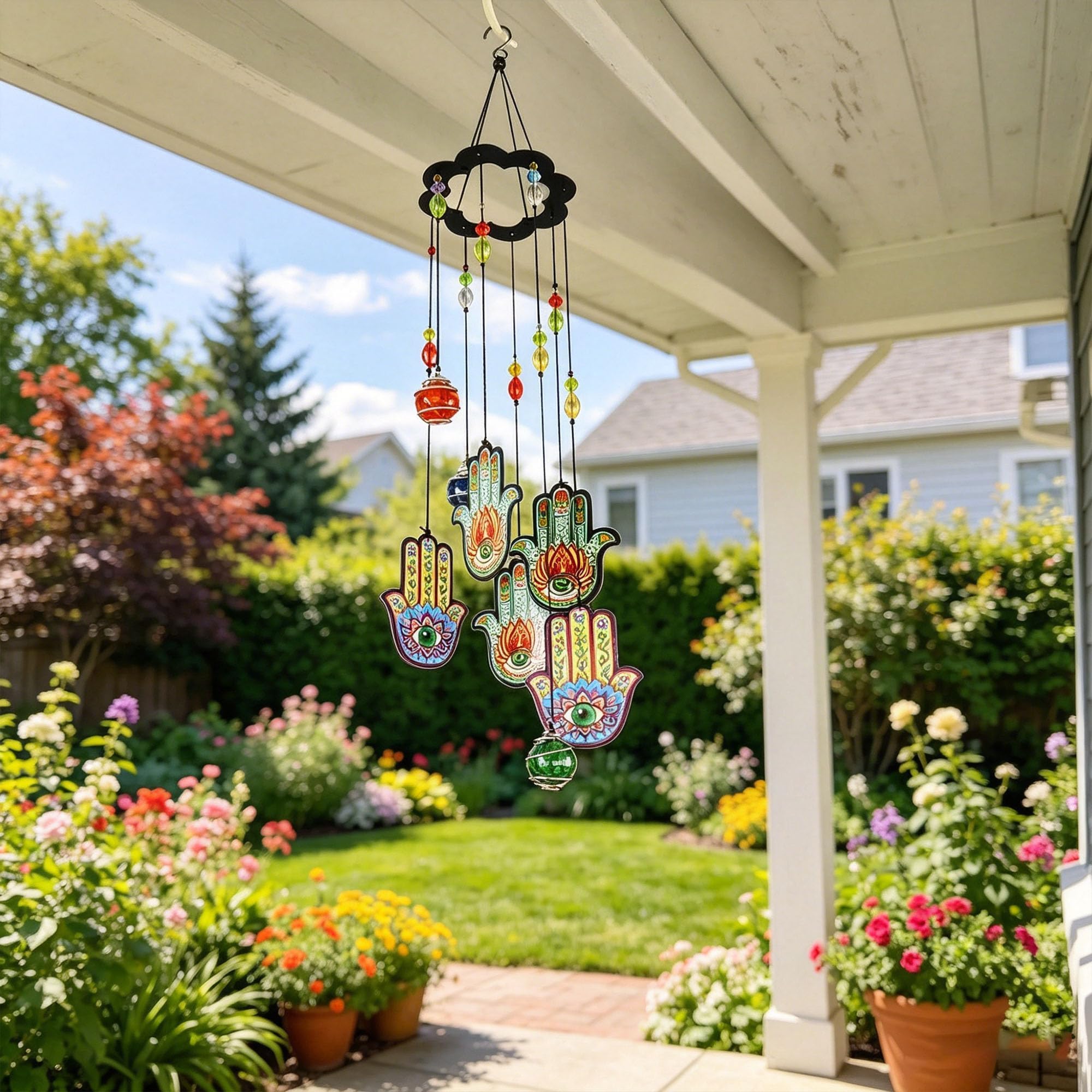 YU FENG 15 Inch Evil Eye Hamsa Wind Chimes, Outdoor Hanging Decor | Chakra Glass Beaded Design, Metal Windchime Ornament, Garden Patio Window Decoration, Spiritual Home Accent