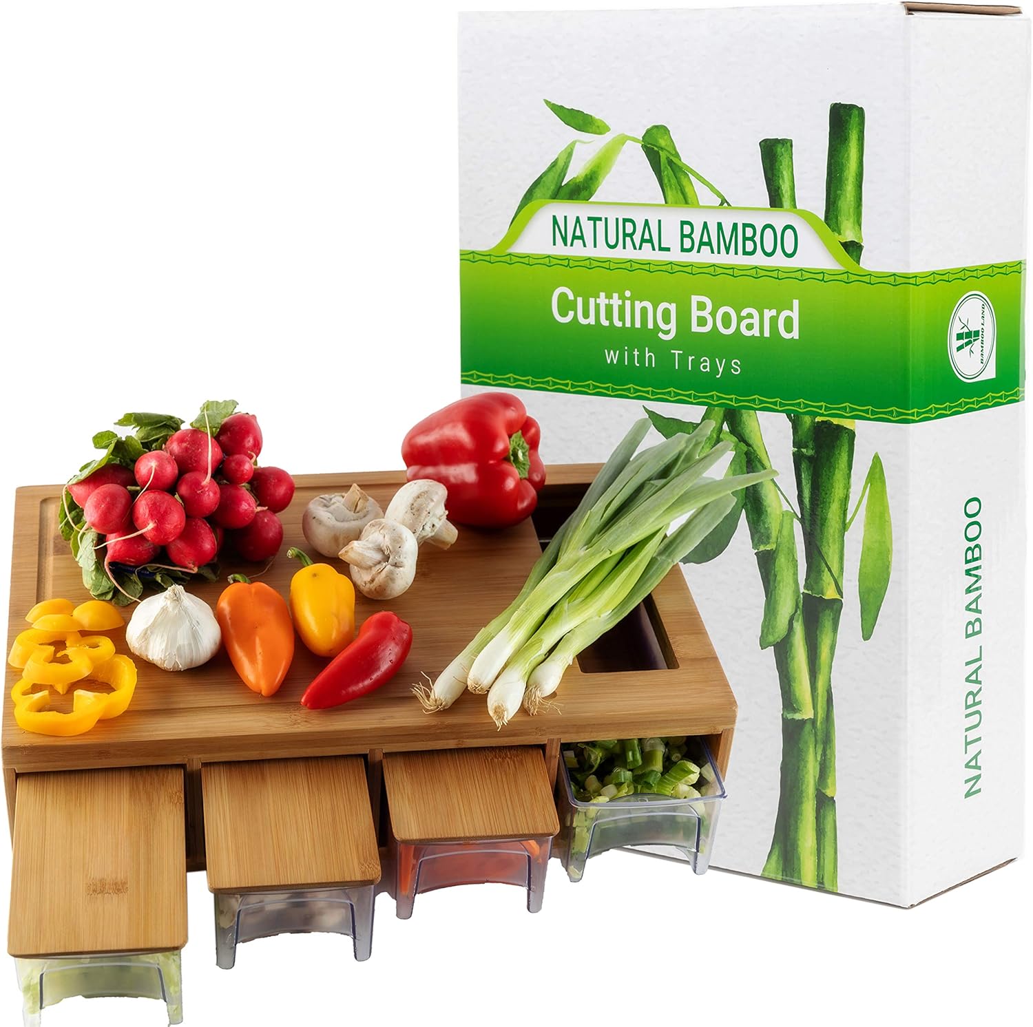 Bamboo Land Large Bamboo Cutting Board with Containers
