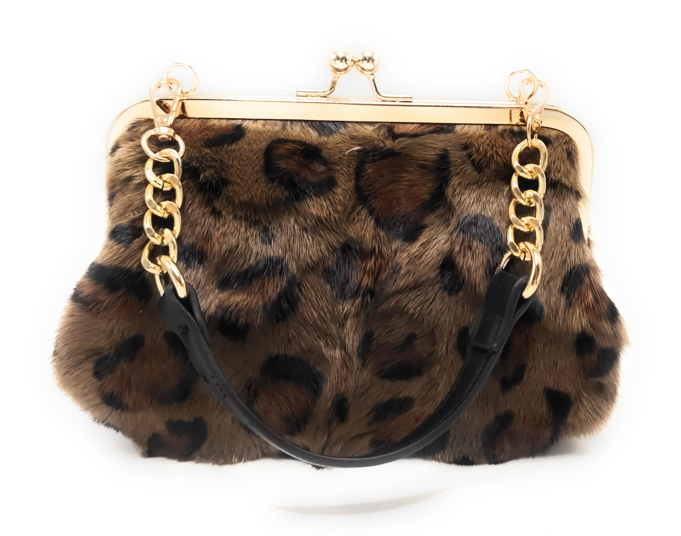 Fosrion Luxurious Leopard-Print Genuine Mink Fur Evening Handbag – Elegant Small Purse for Women with Adjustable Straps