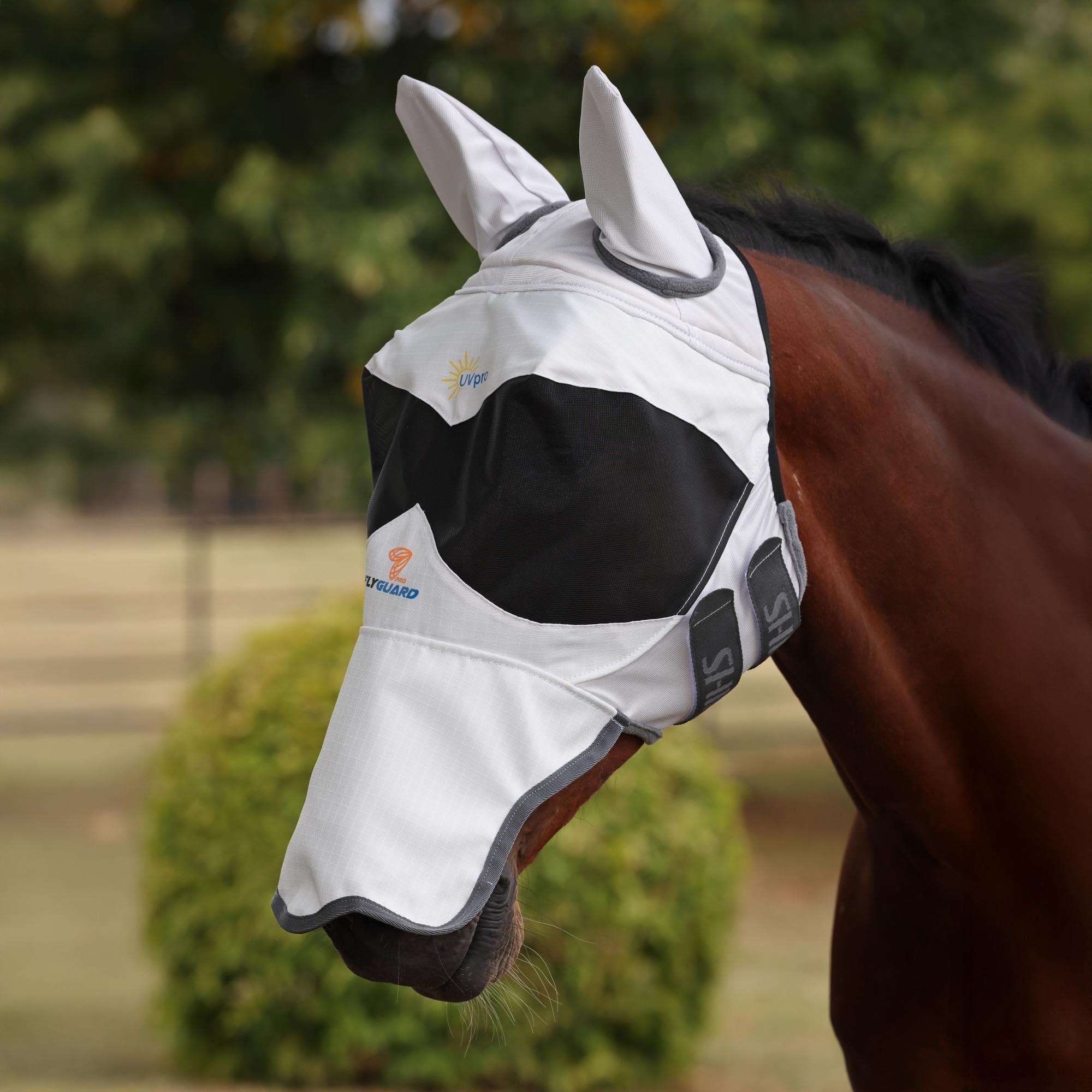 Shires FlyGuard Pro Sun Shade Fly Mask with Ears & Nose - White
